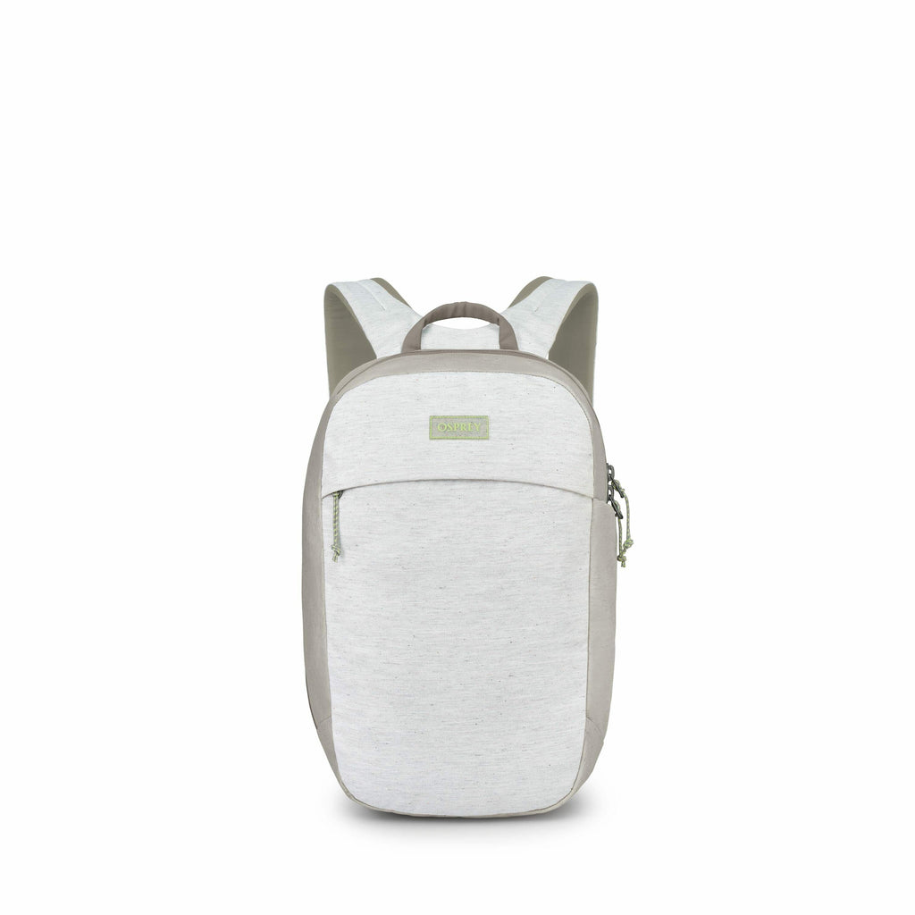 The images show a backpack, presented in a series of progressively smaller sizes. The backpack has a minimalist design with a light grey color, complemented by green accents, particularly noticeable in the logo area. The series demonstrates a shrinking se