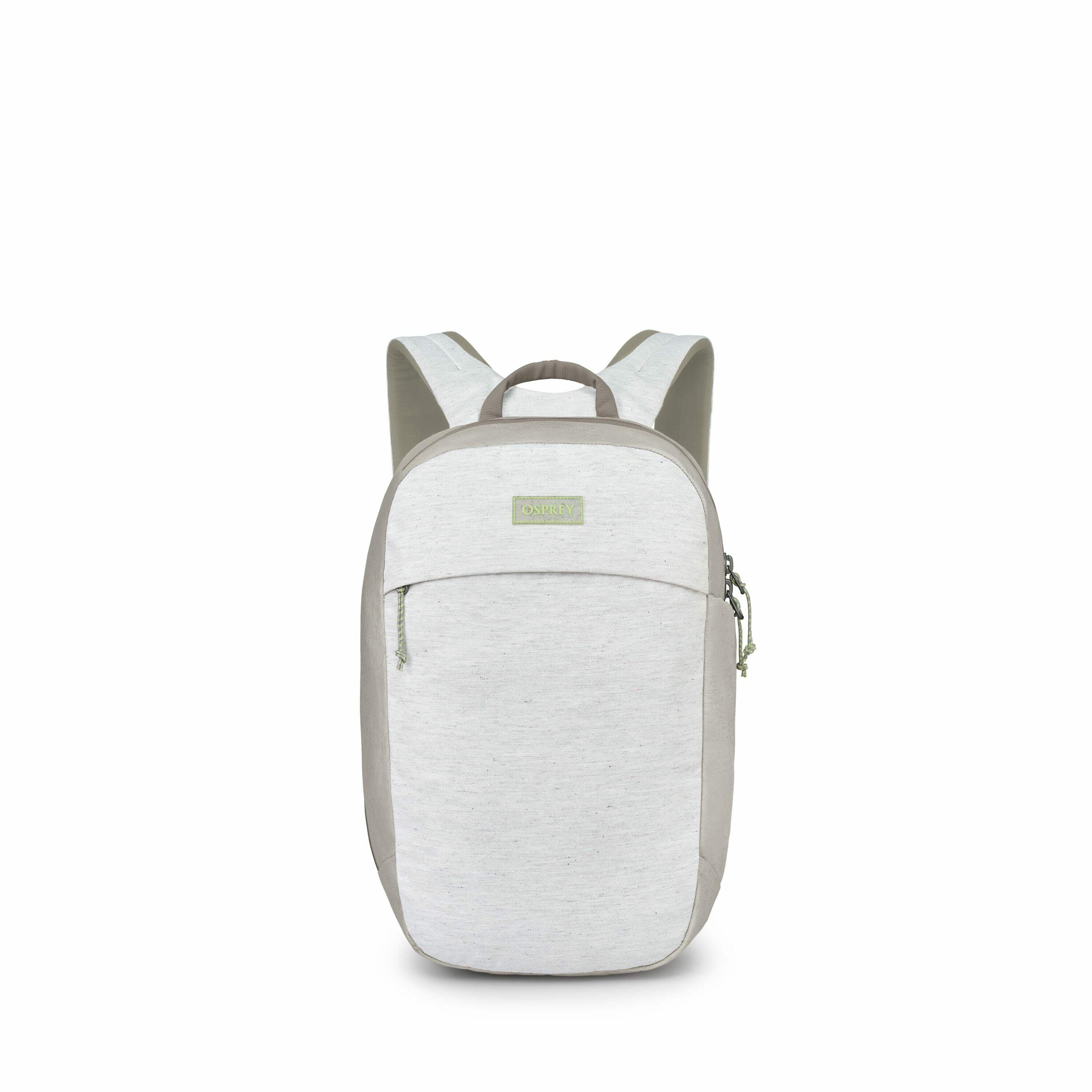 The images show a backpack, presented in a series of progressively smaller sizes. The backpack has a minimalist design with a light grey color, complemented by green accents, particularly noticeable in the logo area. The series demonstrates a shrinking se