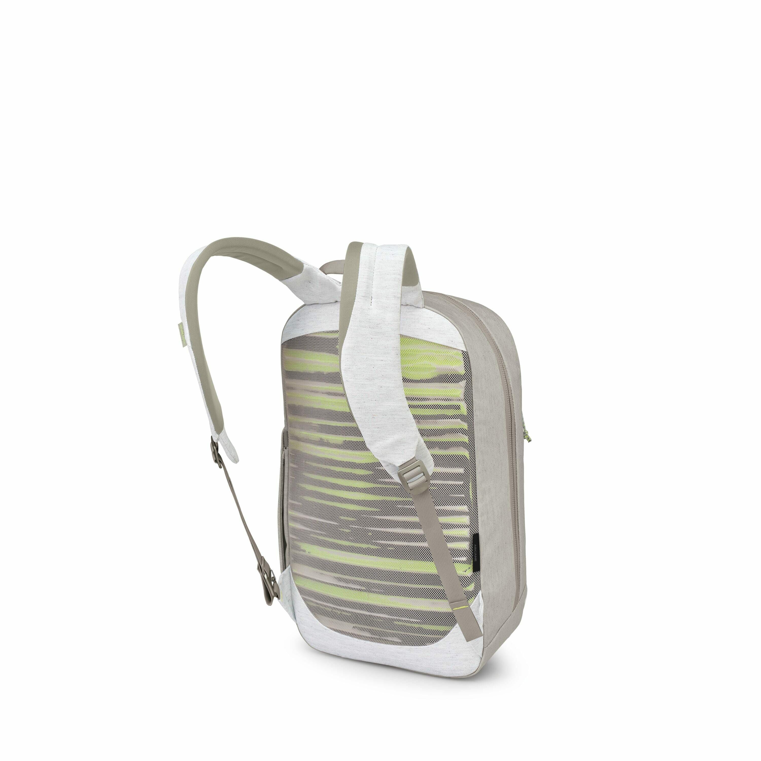 The image series shows the assembly of a backpack with a modern, sleek design. The backpack features a light gray color with a distinct pattern of horizontal green and gray stripes across the main body. The images progressively reveal the different compon