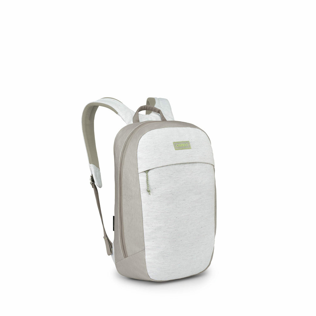 The image features a backpack designed with a minimalist aesthetic. The main body of the backpack is a light gray color, complemented by beige accents on the sides and straps. The backpack appears to be made of a fabric material and includes a front zippe