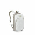 The image features a backpack designed with a minimalist aesthetic. The main body of the backpack is a light gray color, complemented by beige accents on the sides and straps. The backpack appears to be made of a fabric material and includes a front zippe