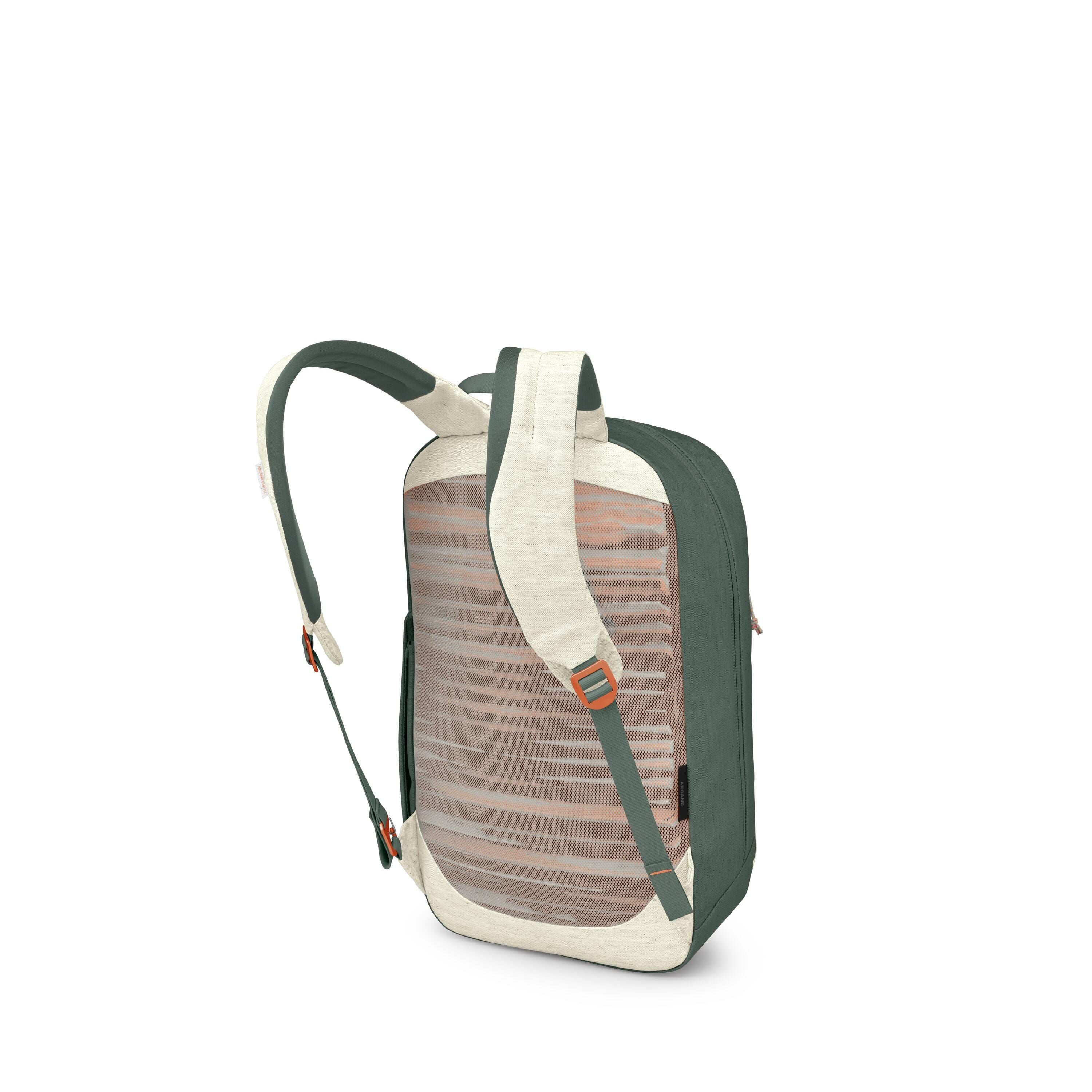 The images show a stylish backpack from various angles and deconstructed views. The main body is deep green with cream accents on the straps and edges, and the back panel features a mesh section with muted, wavy earth-tone stripes. Orange hardware details