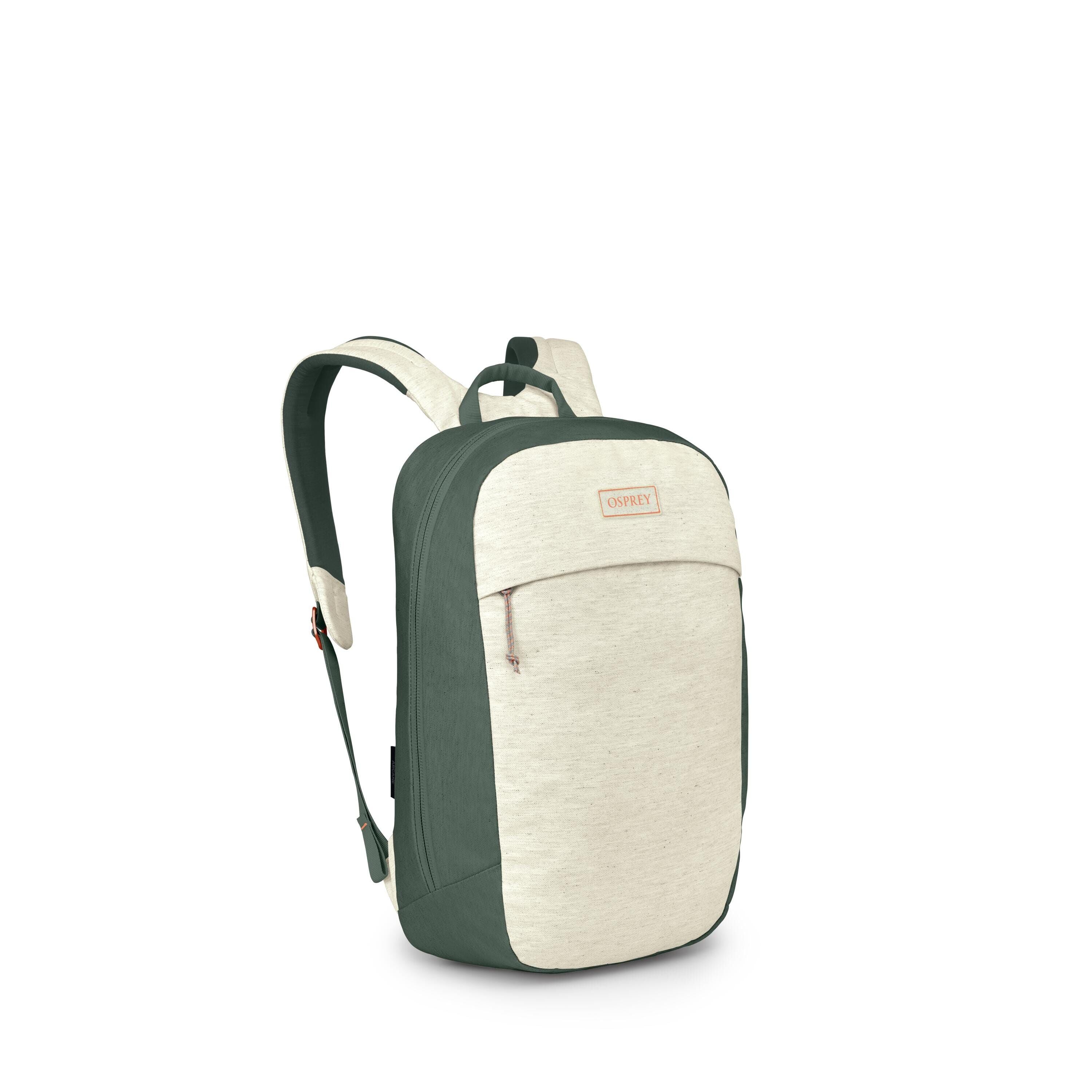 The images show a modern Osprey daypack in a two-tone color scheme of sage green and light heathered cream. It has a streamlined silhouette with a large main zip compartment and a front zip pocket beneath a curved flap. Padded shoulder straps, a small top