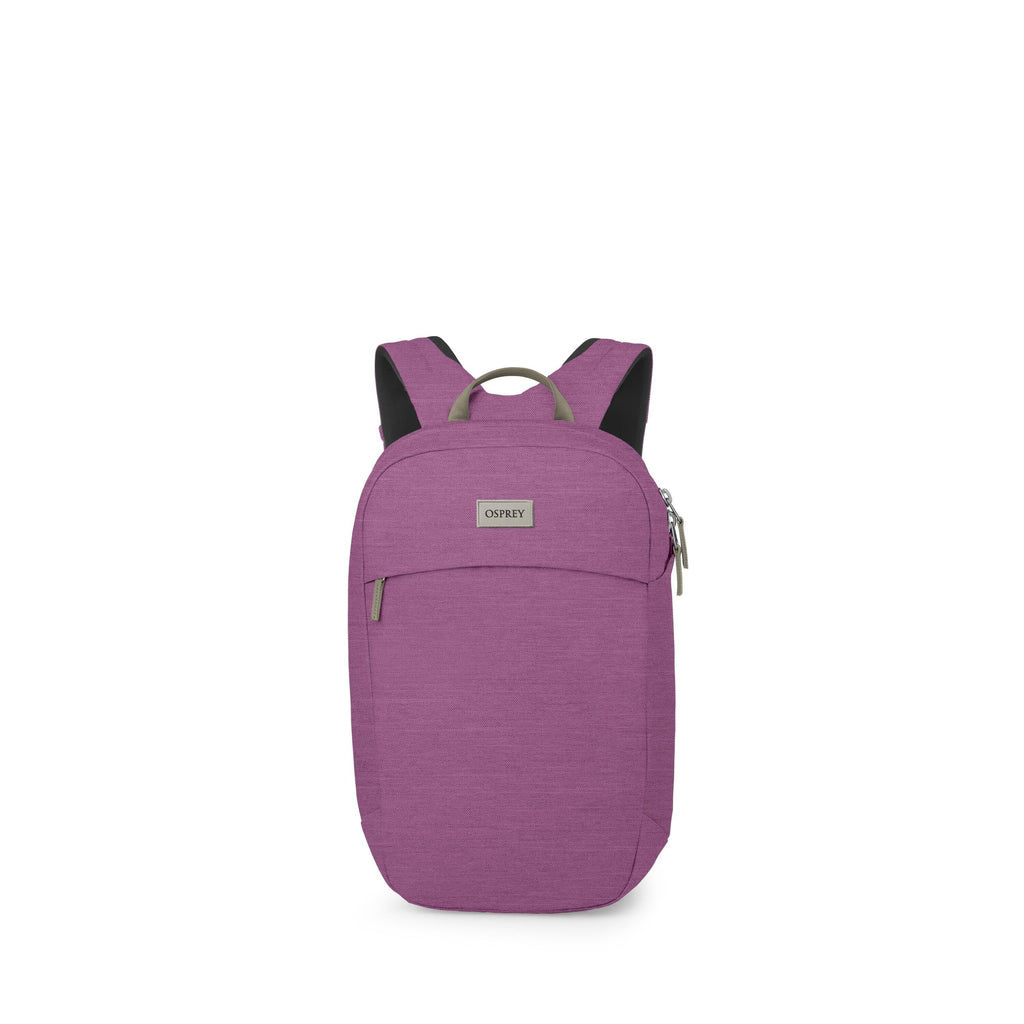 A compact Osprey backpack is shown in a vibrant purple color. It has a clean, rounded silhouette with a small front zip pocket and a main zippered compartment. Padded shoulder straps and a short top handle are visible, with contrasting olive accents on th