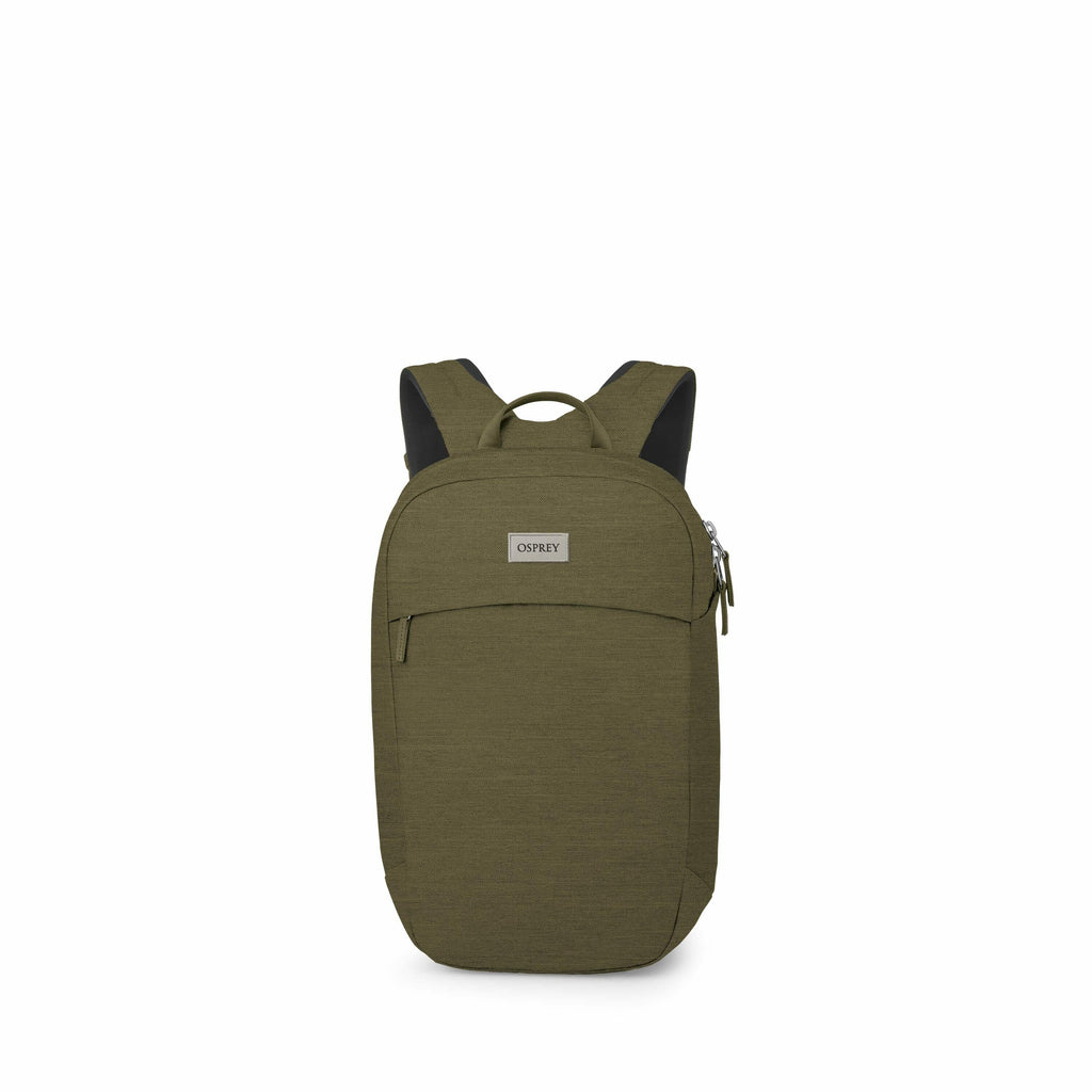 The image features an Osprey backpack with a sleek and modern design. The backpack is primarily olive green, with a slightly textured fabric. It includes adjustable padded shoulder straps for comfort and a top handle for easy carrying. The Osprey logo is