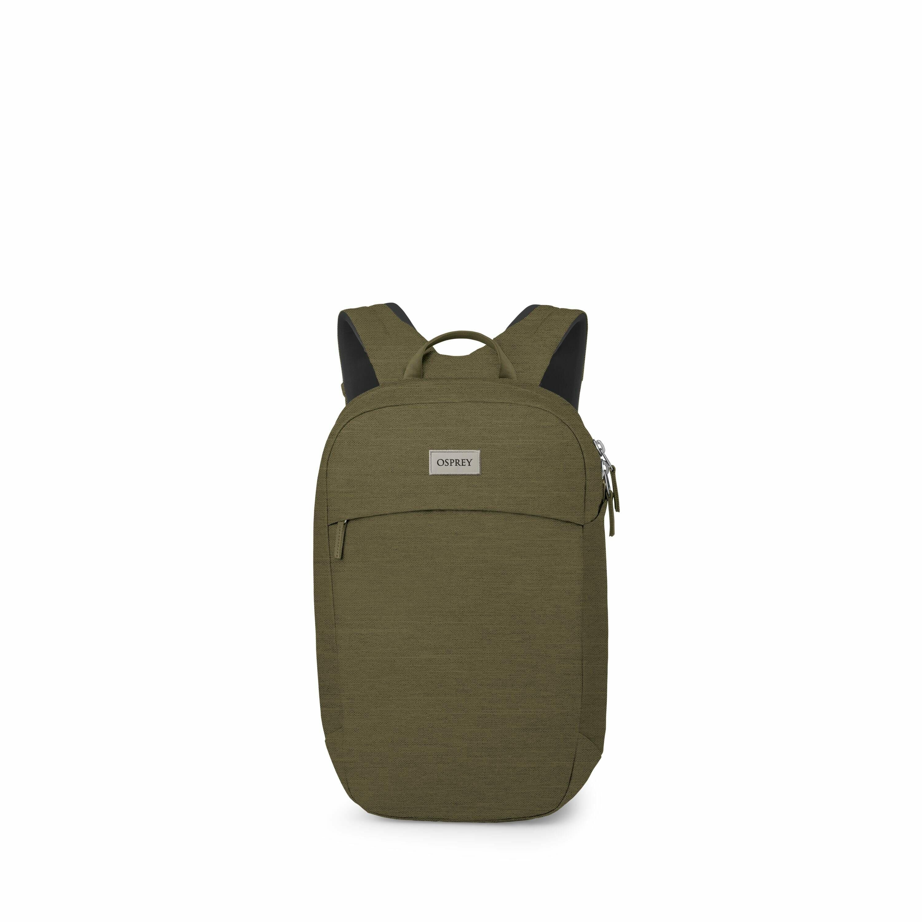 The image features an Osprey backpack with a sleek and modern design. The backpack is primarily olive green, with a slightly textured fabric. It includes adjustable padded shoulder straps for comfort and a top handle for easy carrying. The Osprey logo is