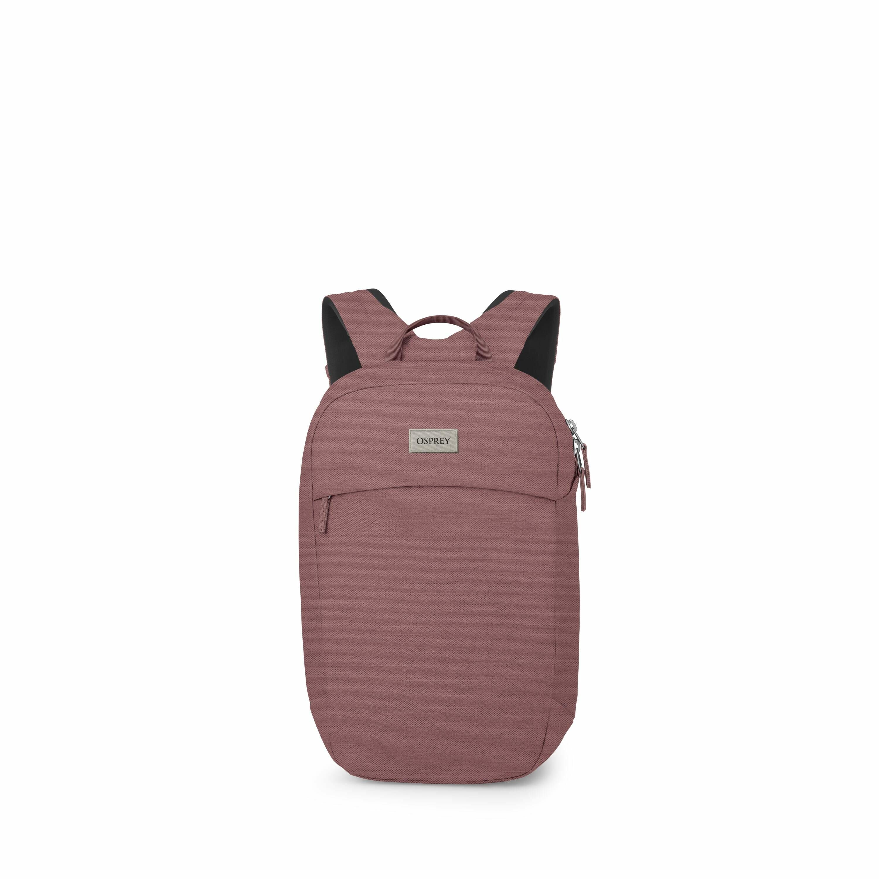 The image showcases a series of backpacks from the brand Osprey, each displayed against a plain white background. The backpacks are of a similar design, primarily featuring a solid, muted pinkish-purple color. Each backpack has a sleek and minimalist desi