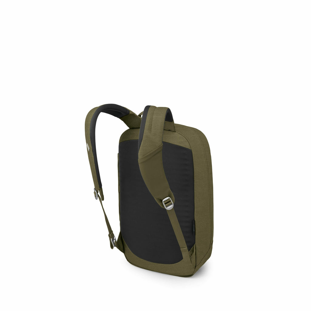 The images showcase a modern backpack viewed from the back and slightly to the side. The backpack has a sleek and minimalist design, with a two-tone color scheme featuring a dark black back panel and olive green sides and straps. The straps are adjustable