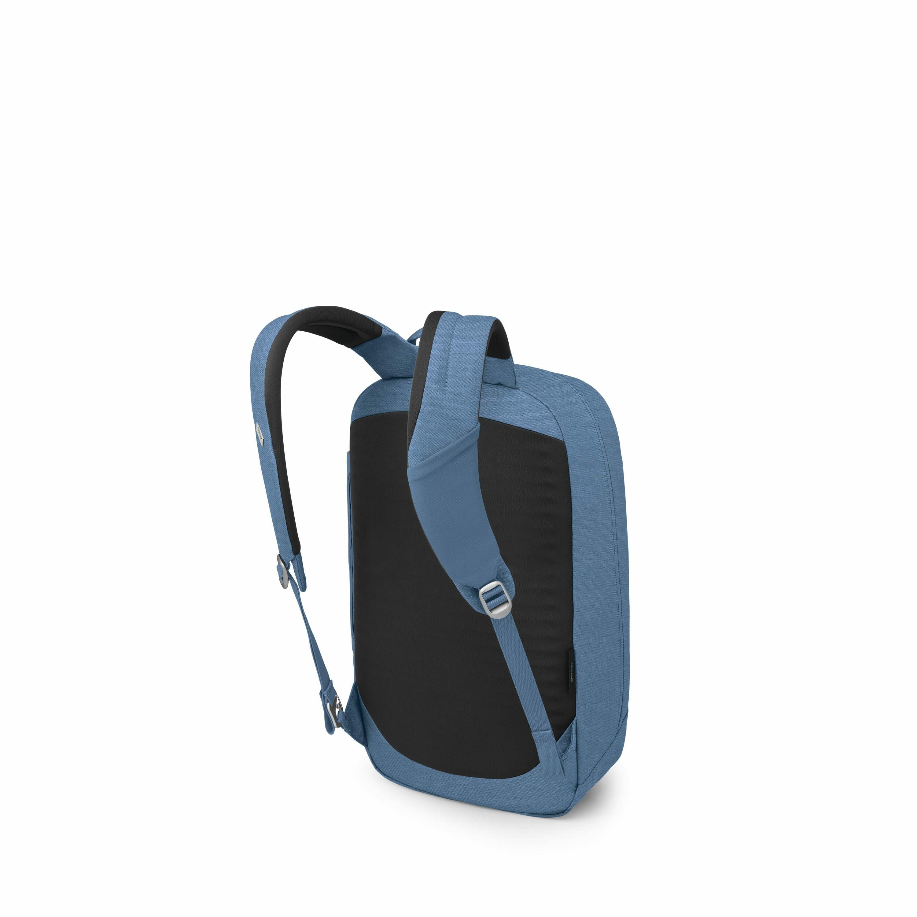 The image features a modern backpack with a sleek design, primarily colored in a blue tone with black accents. The backpack is oriented to display its back and straps, highlighting its ergonomic design for comfortable wearing. The straps appear adjustable