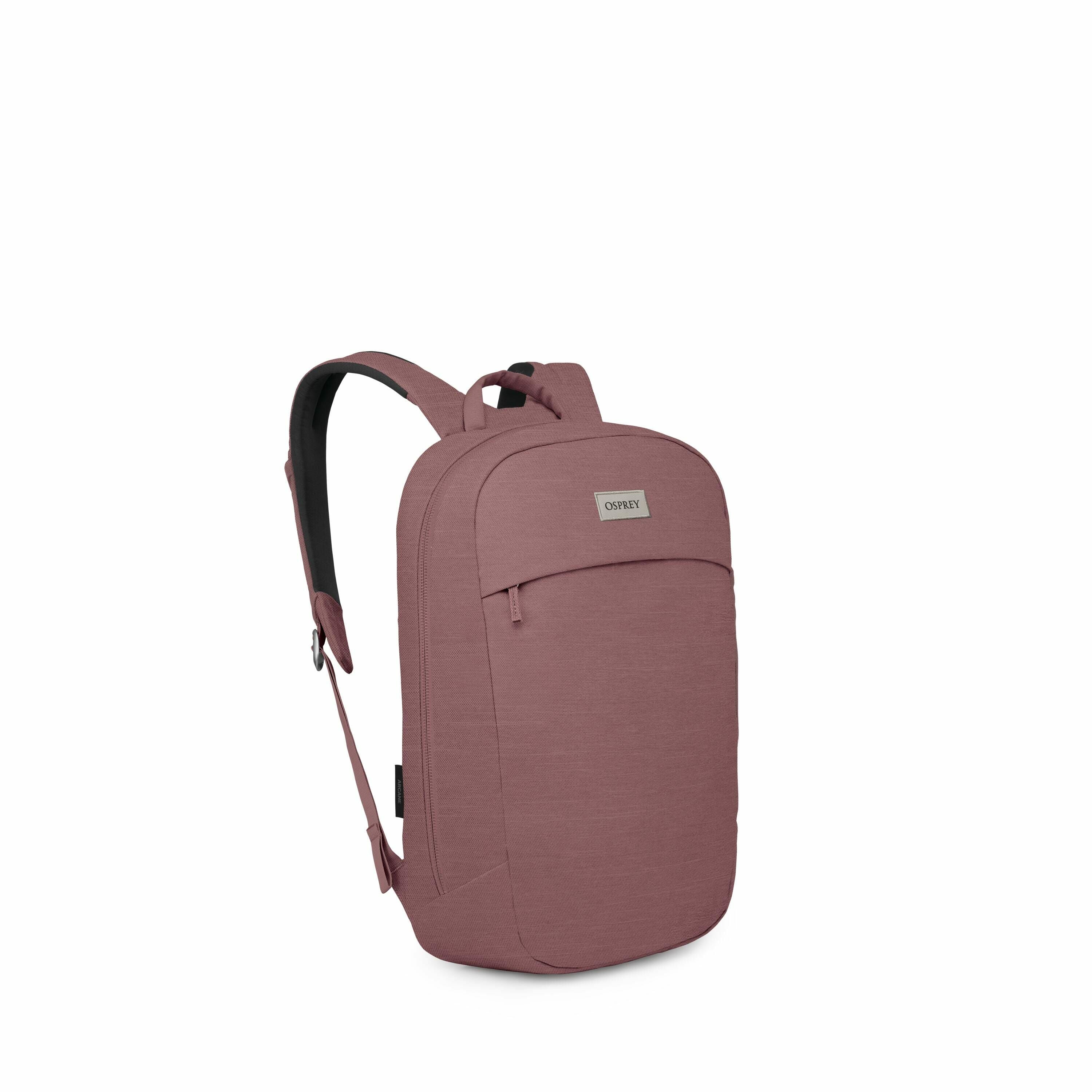 The image showcases a sleek, modern backpack with the brand name "Osprey" visible on a metal plate on the front. The backpack is primarily a muted mauve color and features a streamlined, minimalist design with a small zipper pocket on the front. The shoul