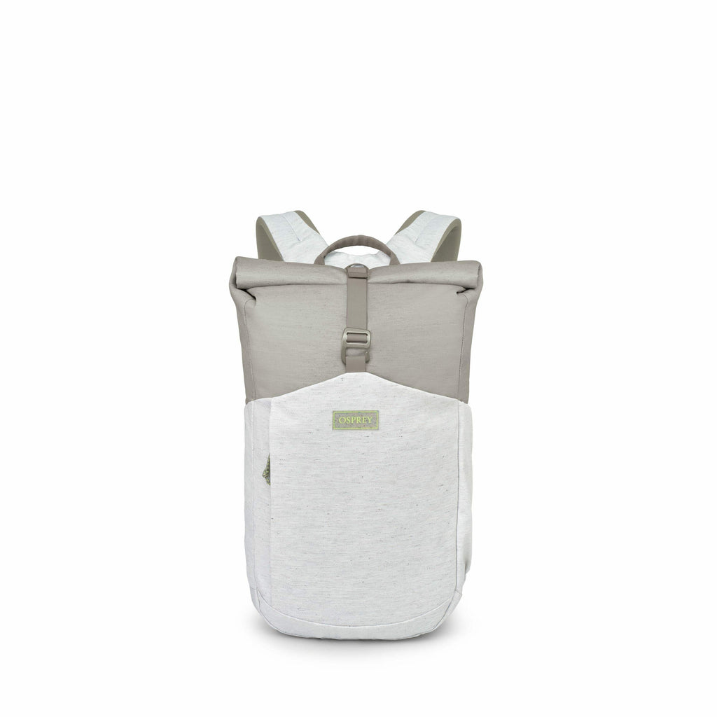 The image shows a series of pictures featuring a backpack, likely for displaying its features. The first image depicts the backpack from the front, showcasing its two-tone color scheme with a light gray lower section and an off-white upper section, secure