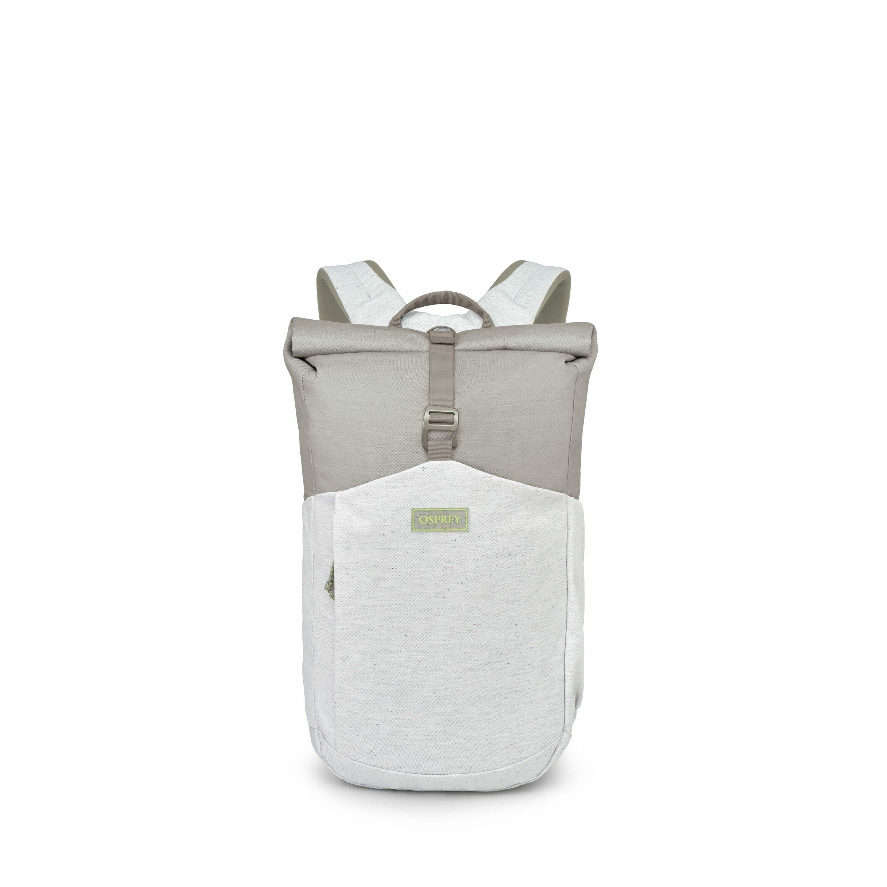 The image shows a series of pictures featuring a backpack, likely for displaying its features. The first image depicts the backpack from the front, showcasing its two-tone color scheme with a light gray lower section and an off-white upper section, secure