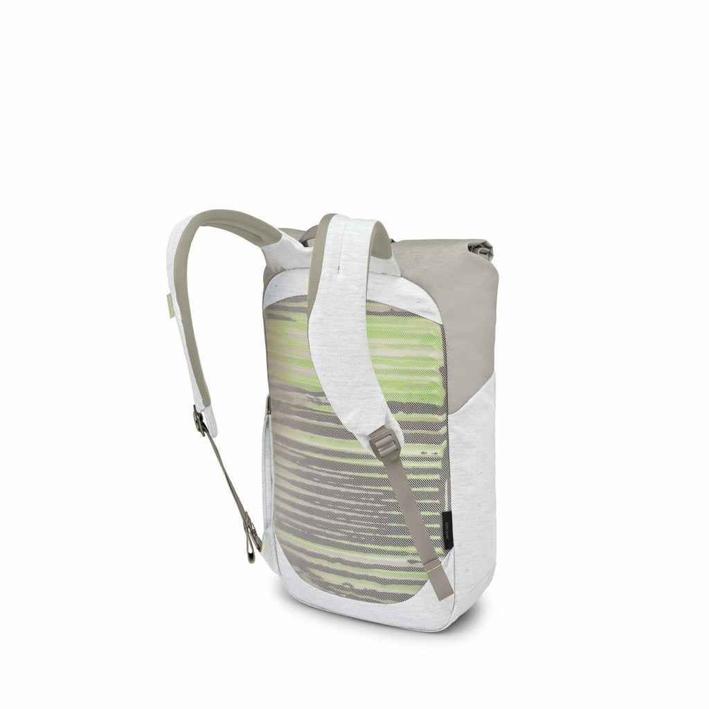 The images show different components of a backpack with a light gray and beige color scheme. The first two images display the backpack as a whole, with a prominent abstract green and brown pattern on the main compartment. The subsequent images showcase th