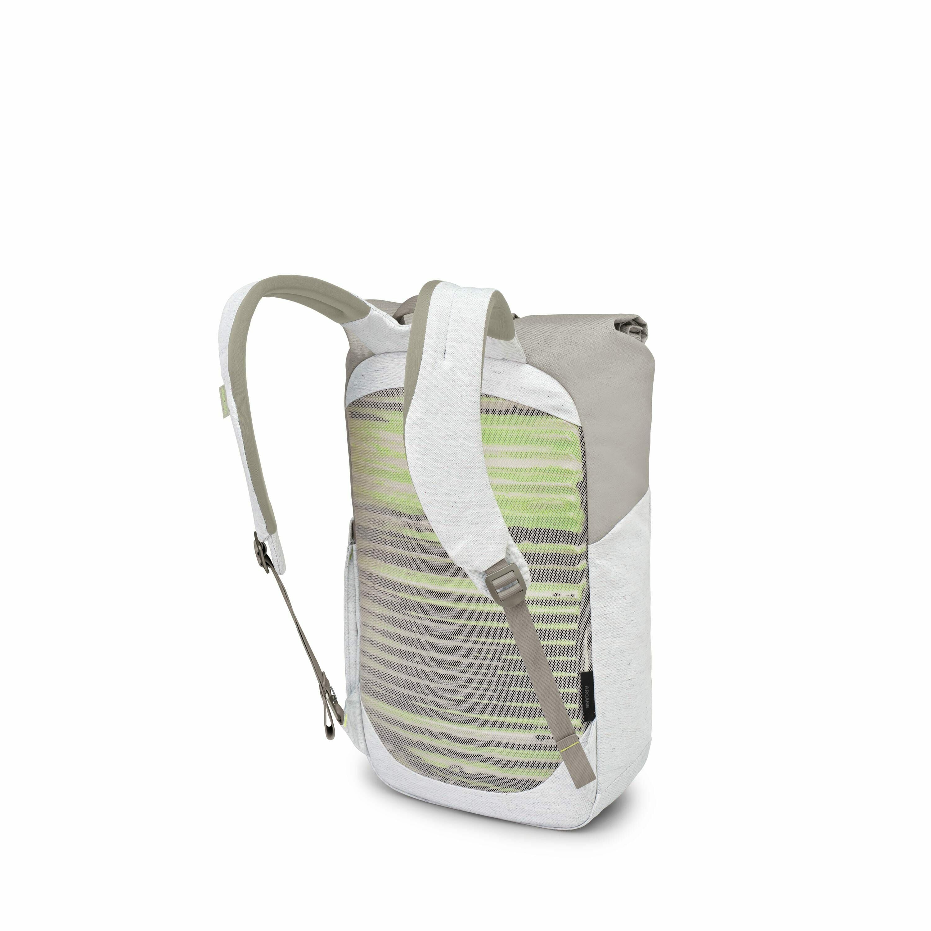 The images show different components of a backpack with a light gray and beige color scheme. The first two images display the backpack as a whole, with a prominent abstract green and brown pattern on the main compartment. The subsequent images showcase th