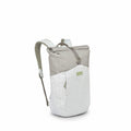The image displays a backpack with a minimalist design and neutral colors, combining light gray and beige. The backpack features a roll-top closure with a buckle, providing a streamlined and modern look. It has adjustable shoulder straps and a front pocke