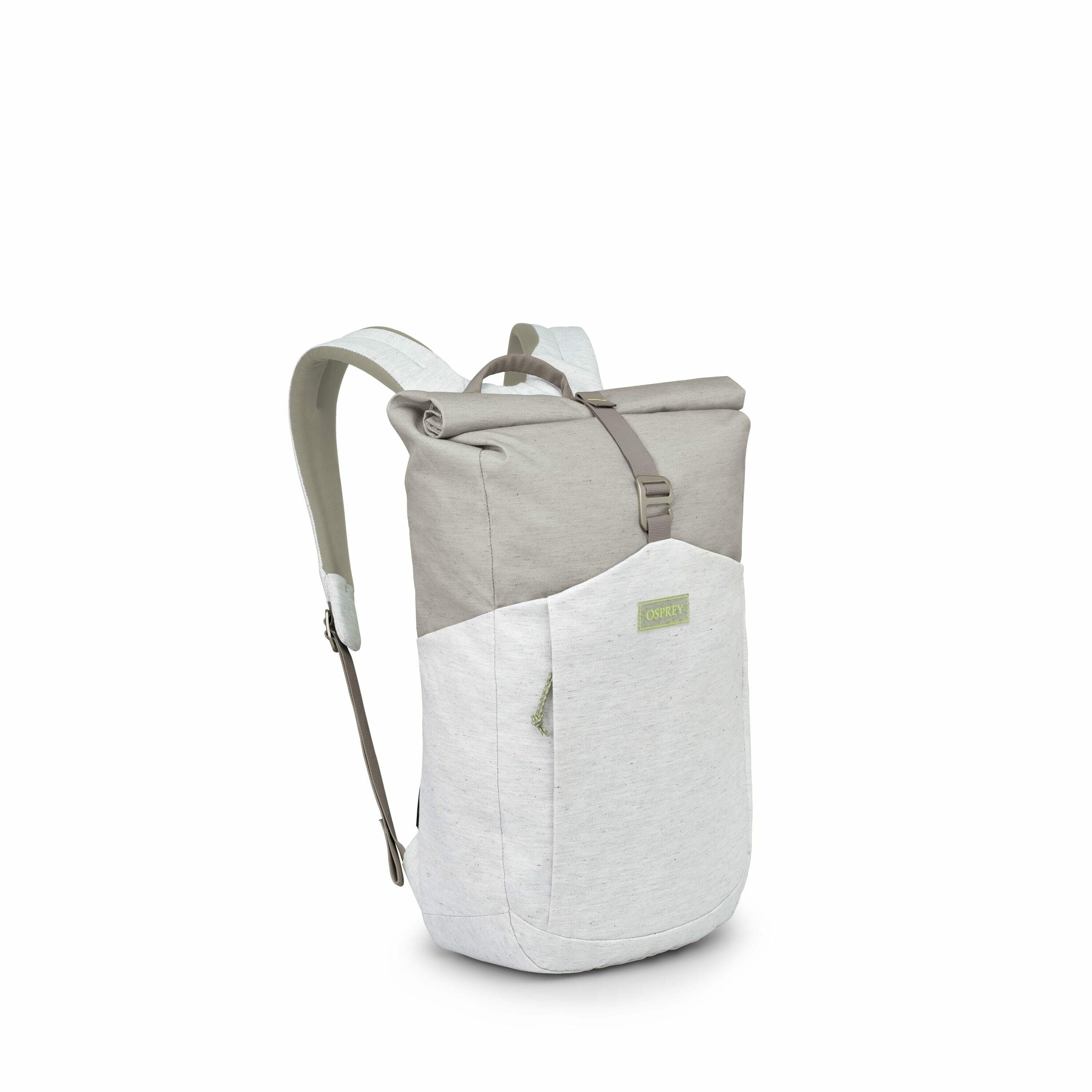 The image displays a backpack with a minimalist design and neutral colors, combining light gray and beige. The backpack features a roll-top closure with a buckle, providing a streamlined and modern look. It has adjustable shoulder straps and a front pocke