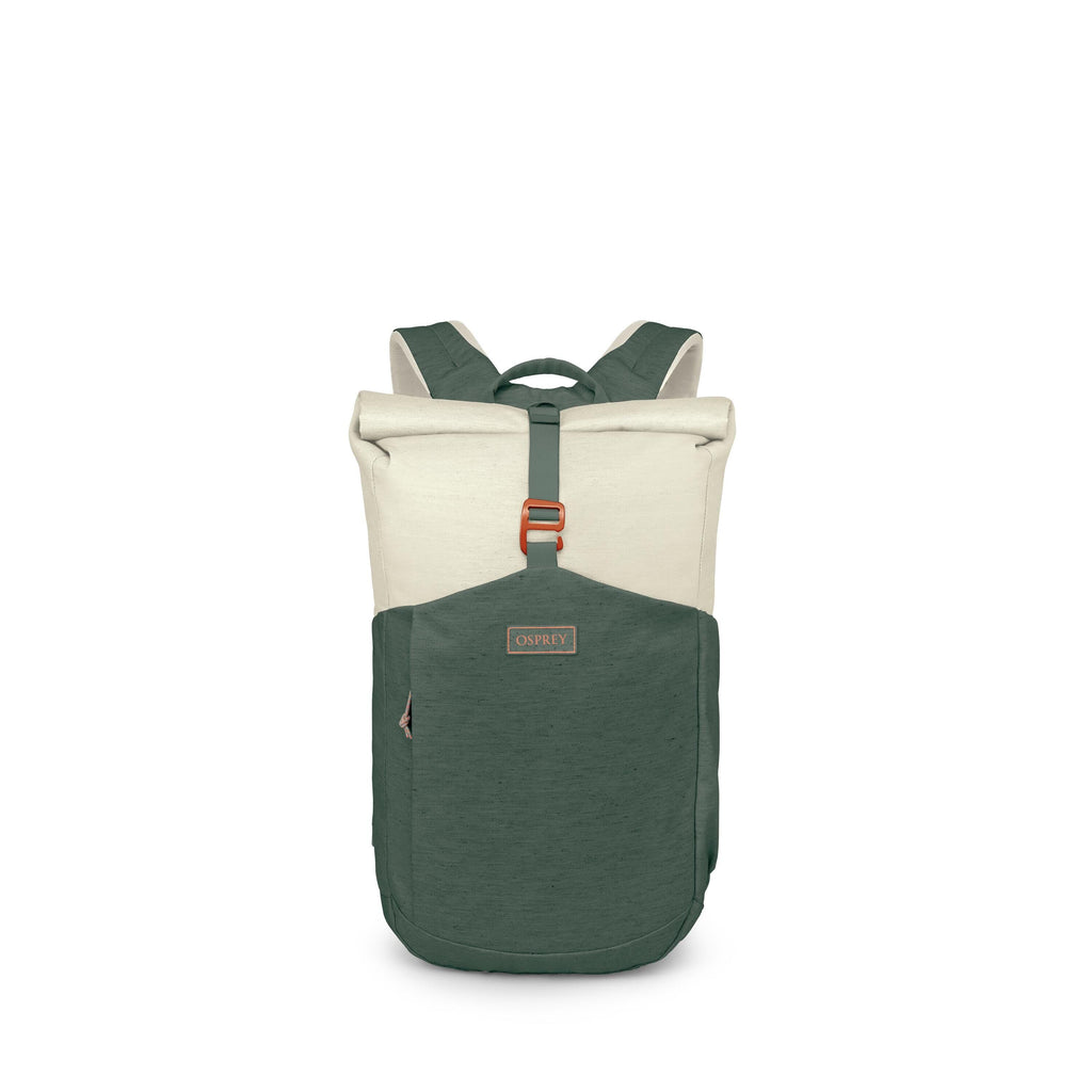 The images show a two-tone Osprey backpack in green and off_white. It has a roll-top closure secured by a front strap with a small orange buckle and a front pocket with the Osprey logo patch. Additional images display the bag disassembled into components: