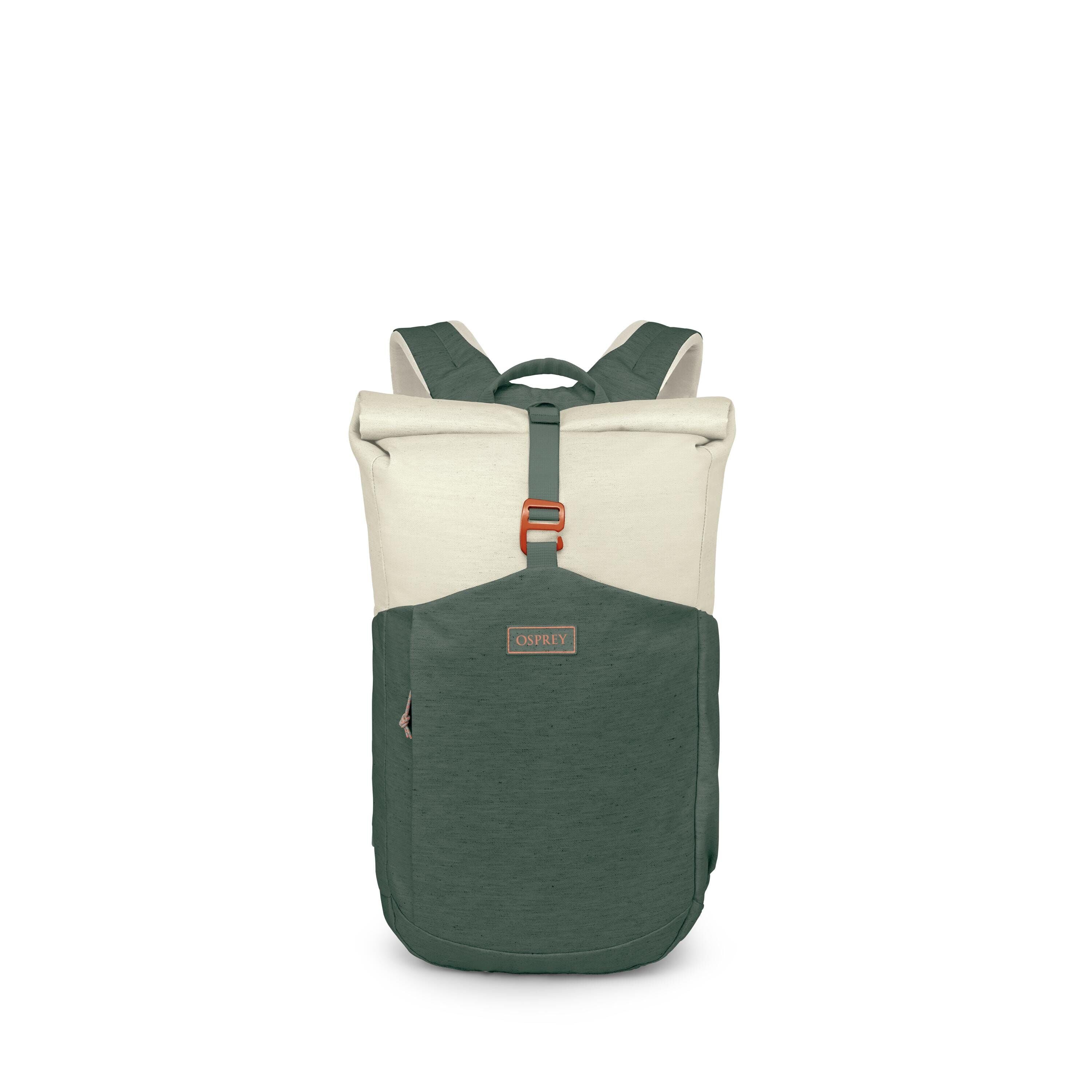 The images show a two-tone Osprey backpack in green and off_white. It has a roll-top closure secured by a front strap with a small orange buckle and a front pocket with the Osprey logo patch. Additional images display the bag disassembled into components:
