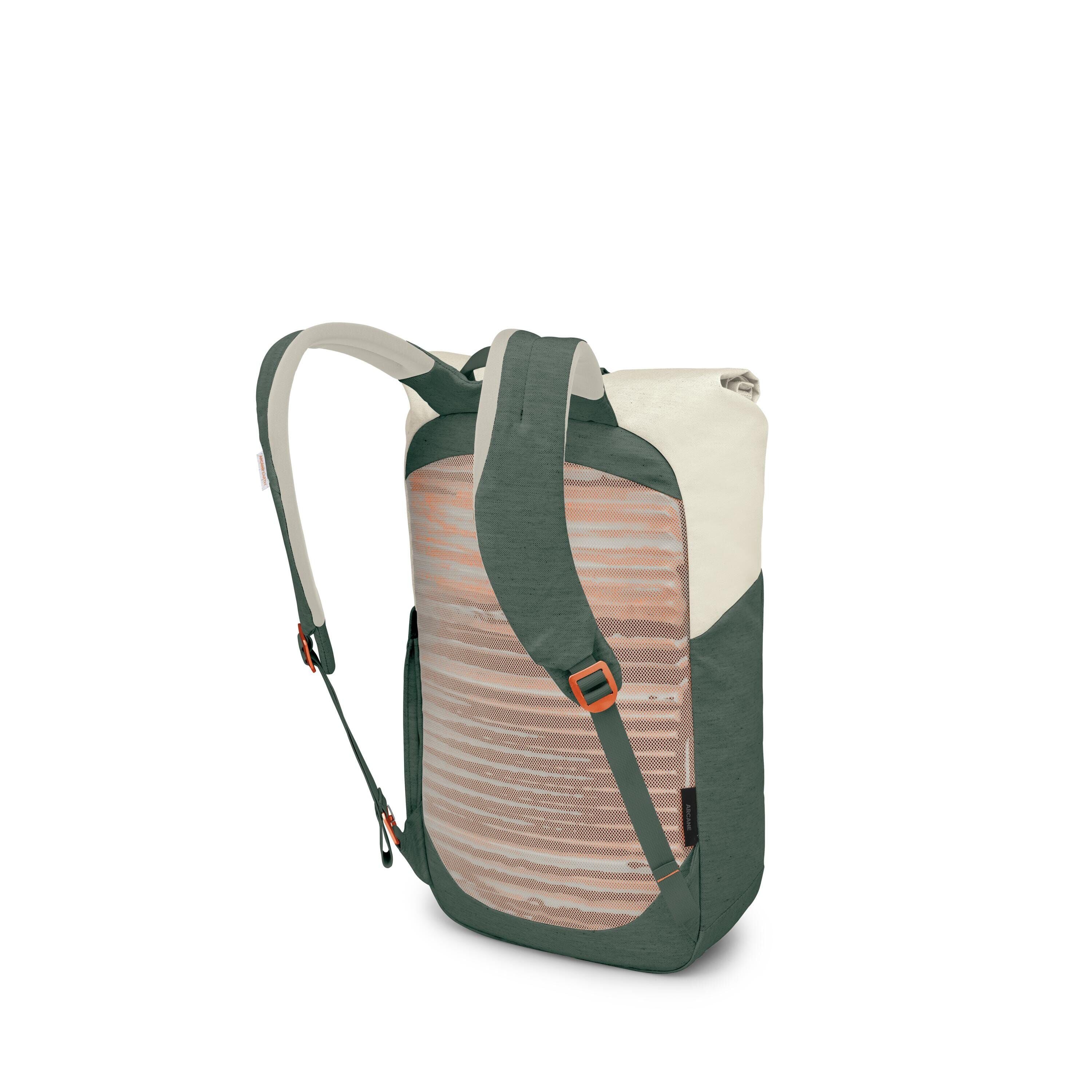 The images show a green and cream roll_top backpack viewed from the back and side. It features padded shoulder straps with orange adjustment buckles, a breathable mesh back panel with a striped pattern, and a slim profile. Additional frames isolate differ