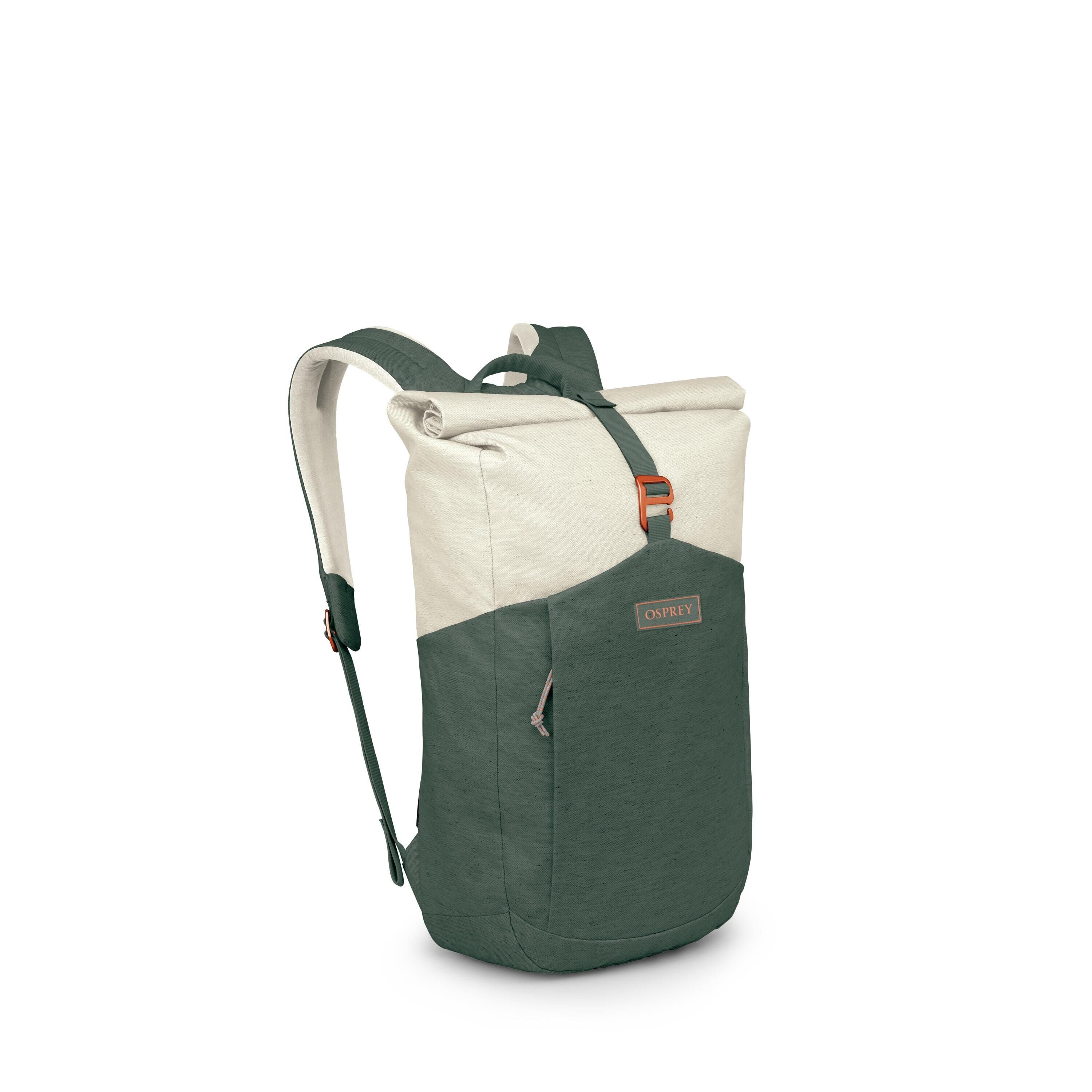 The images show a green and cream Osprey roll-top backpack from different angles and separated into components. The main body is dark green with a lighter cream upper section, secured by a strap with an orange buckle. There's a small vertical zipper pocke