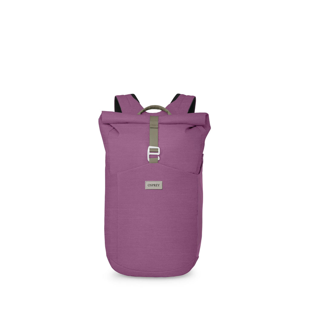 The images show a sleek, roll-top backpack in a vibrant purple color with an Osprey logo on the front pocket. A green grab handle and strap with a silver buckle secure the roll-top closure, and one variation shows the strap in white. The bag has a minimal