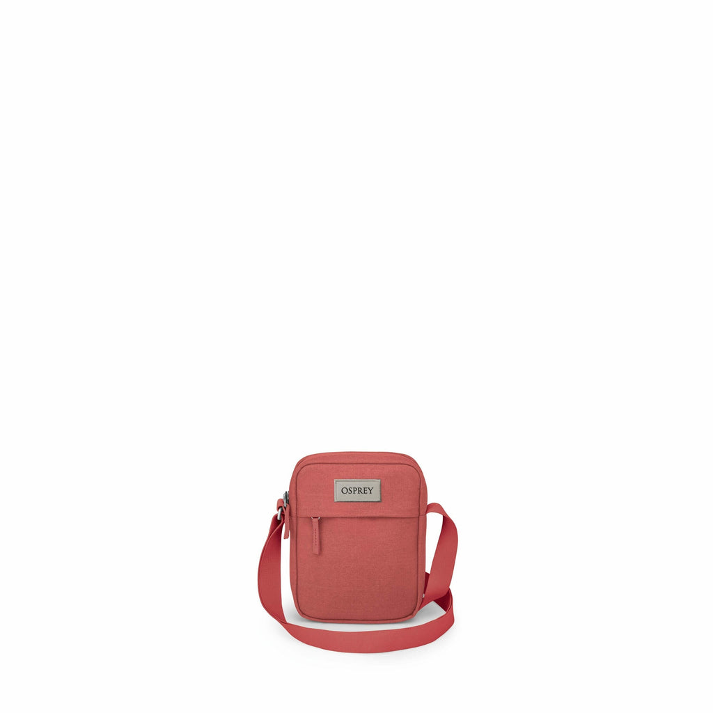 The images feature a small crossbody bag by Osprey, shown from different angles. The bag is red in color and has a minimalist design. It includes a main zippered compartment and a smaller front zippered pocket. The front pocket has a label with the Osprey
