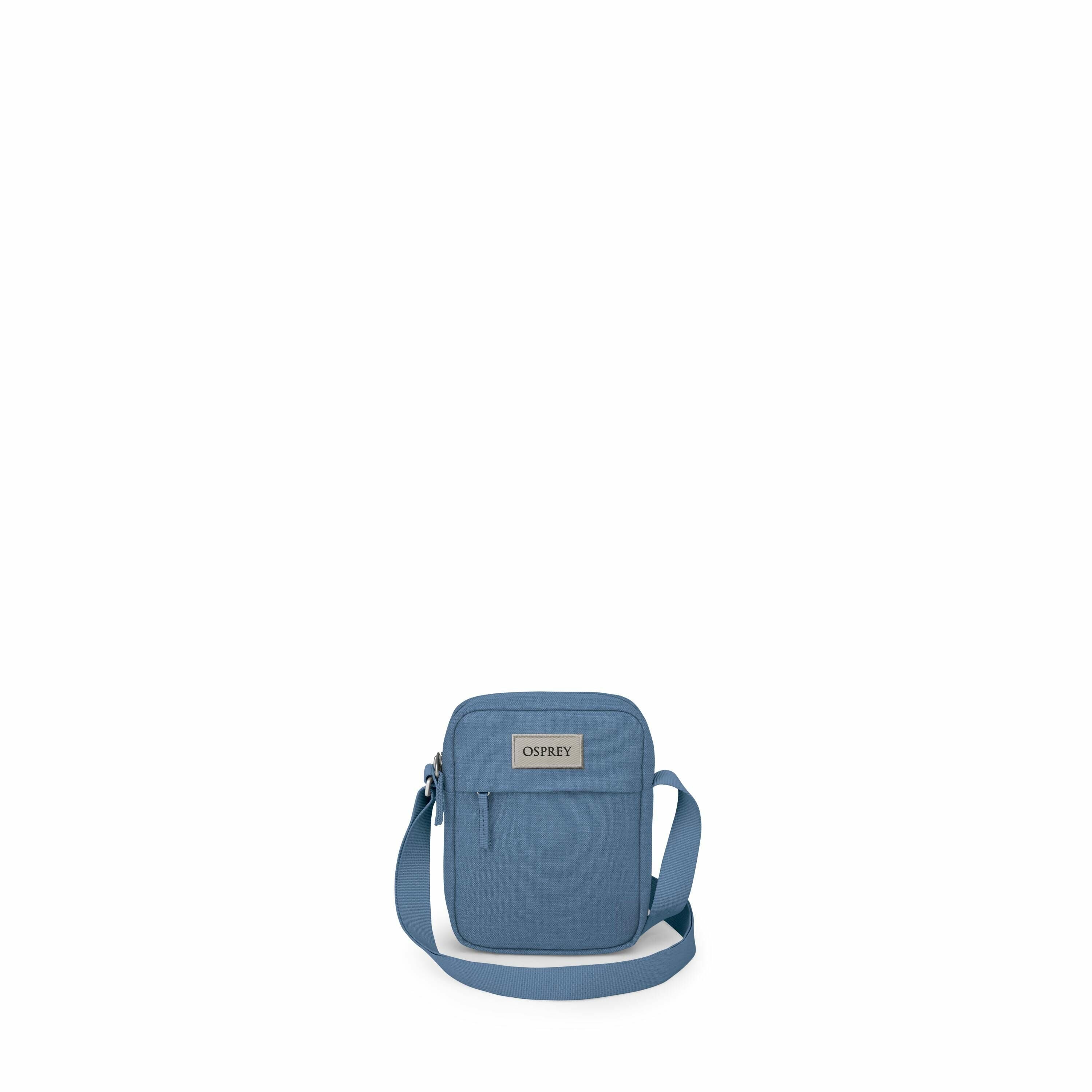 The image depicts a small blue shoulder bag with the brand name "OSPREY" prominently displayed on a label in the center. The bag features a zippered front pocket and an adjustable shoulder strap, both in matching blue color. The design is sleek and minima