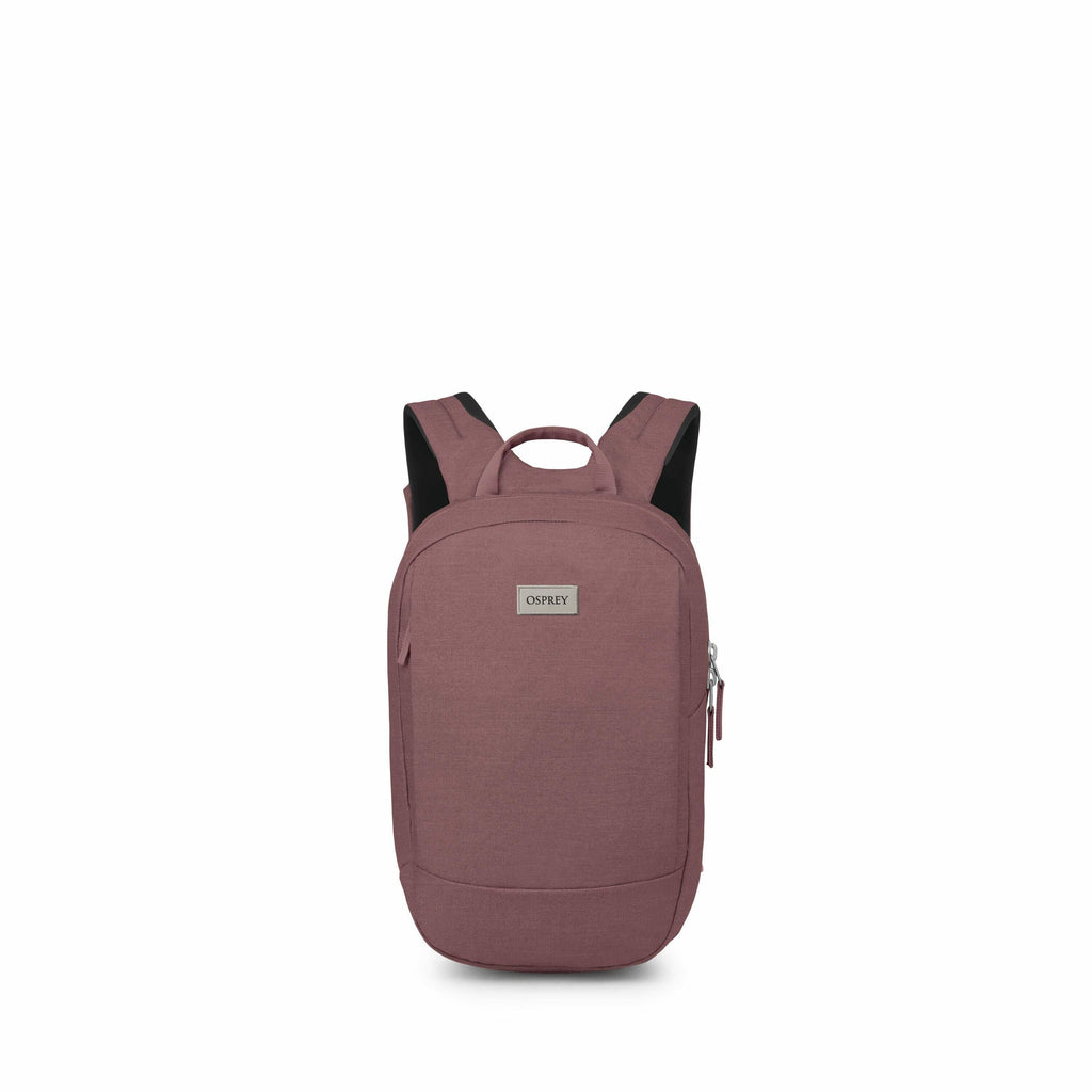 The image depicts a series of views of an Osprey backpack in different shades of pink or purple. The backpack has a sleek design with a rounded top and features adjustable shoulder straps, a carry handle, and a front zippered compartment. The Osprey logo