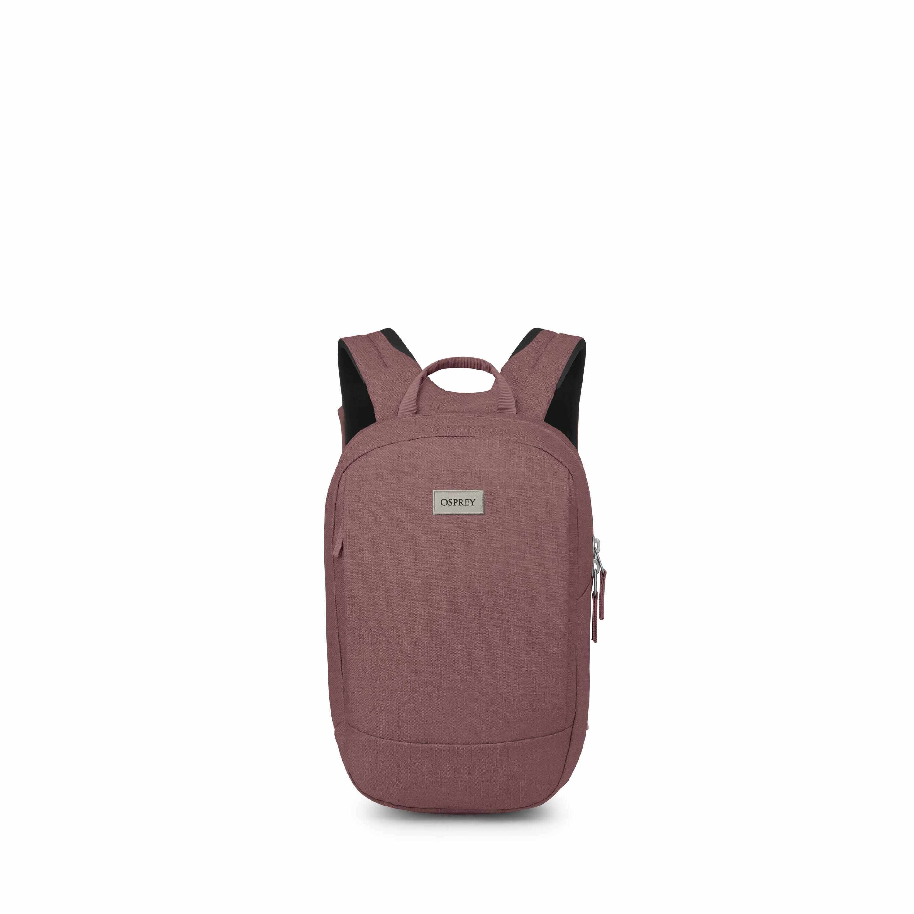 The image depicts a series of views of an Osprey backpack in different shades of pink or purple. The backpack has a sleek design with a rounded top and features adjustable shoulder straps, a carry handle, and a front zippered compartment. The Osprey logo