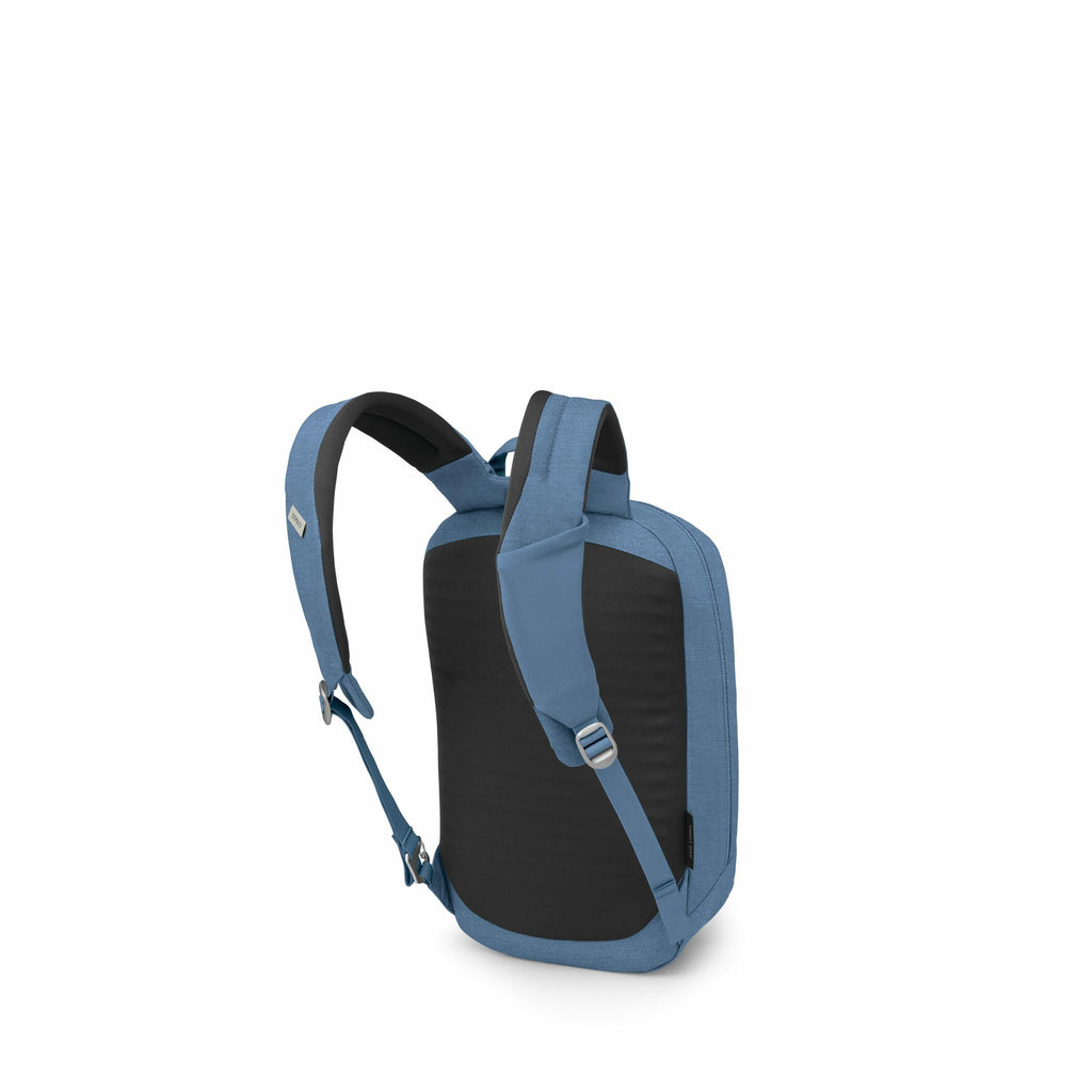 The image showcases a sleek and modern backpack with a minimalist design. The backpack is primarily blue with a black padded back panel, providing both style and comfort. It features adjustable shoulder straps for a customized fit, and these straps includ