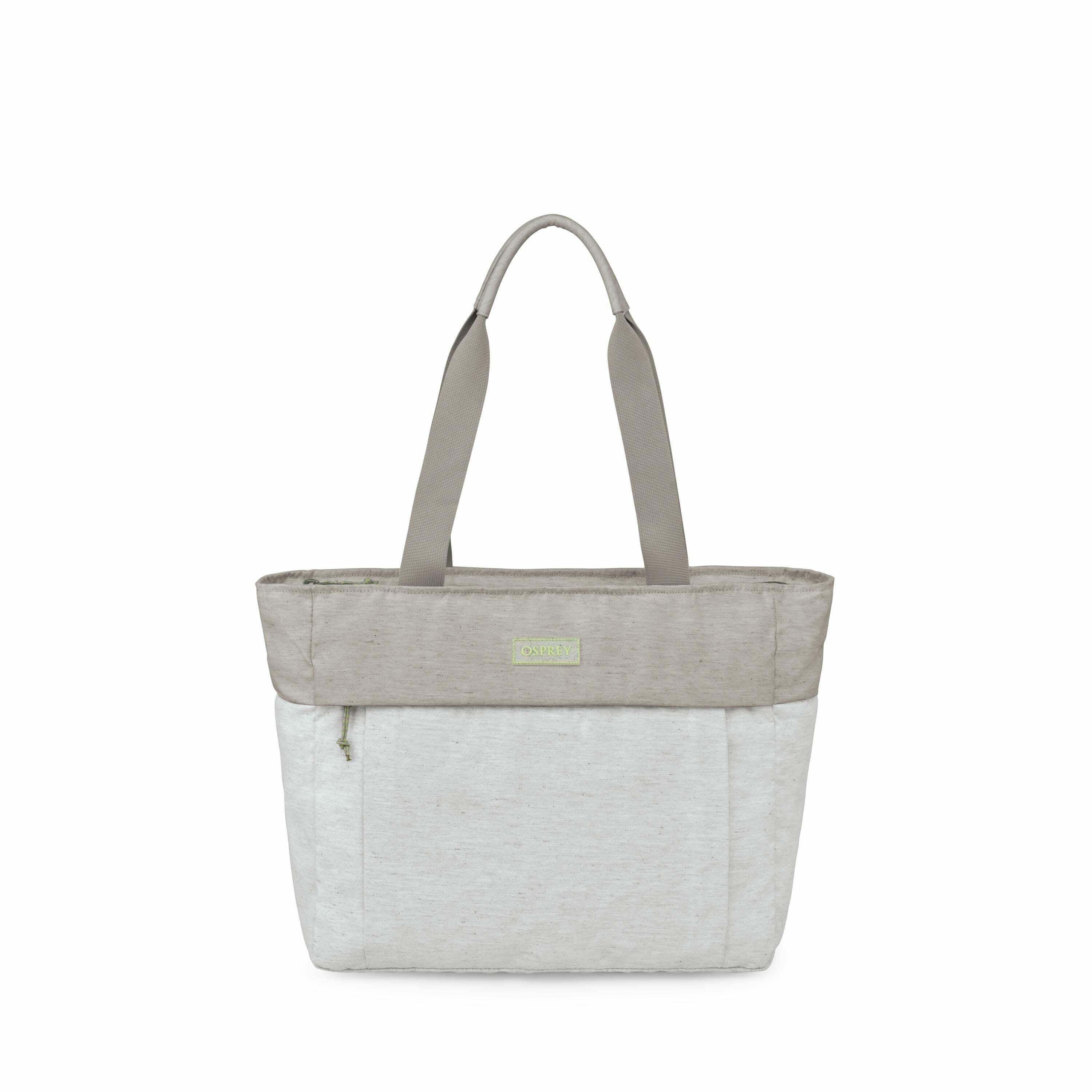 The image displays a tote-style bag that is light gray with a darker gray trim at the top. It features dual shoulder straps attached to the top, also in a gray shade. The front of the bag has a zippered pocket, with the zipper pull in a contrasting color.