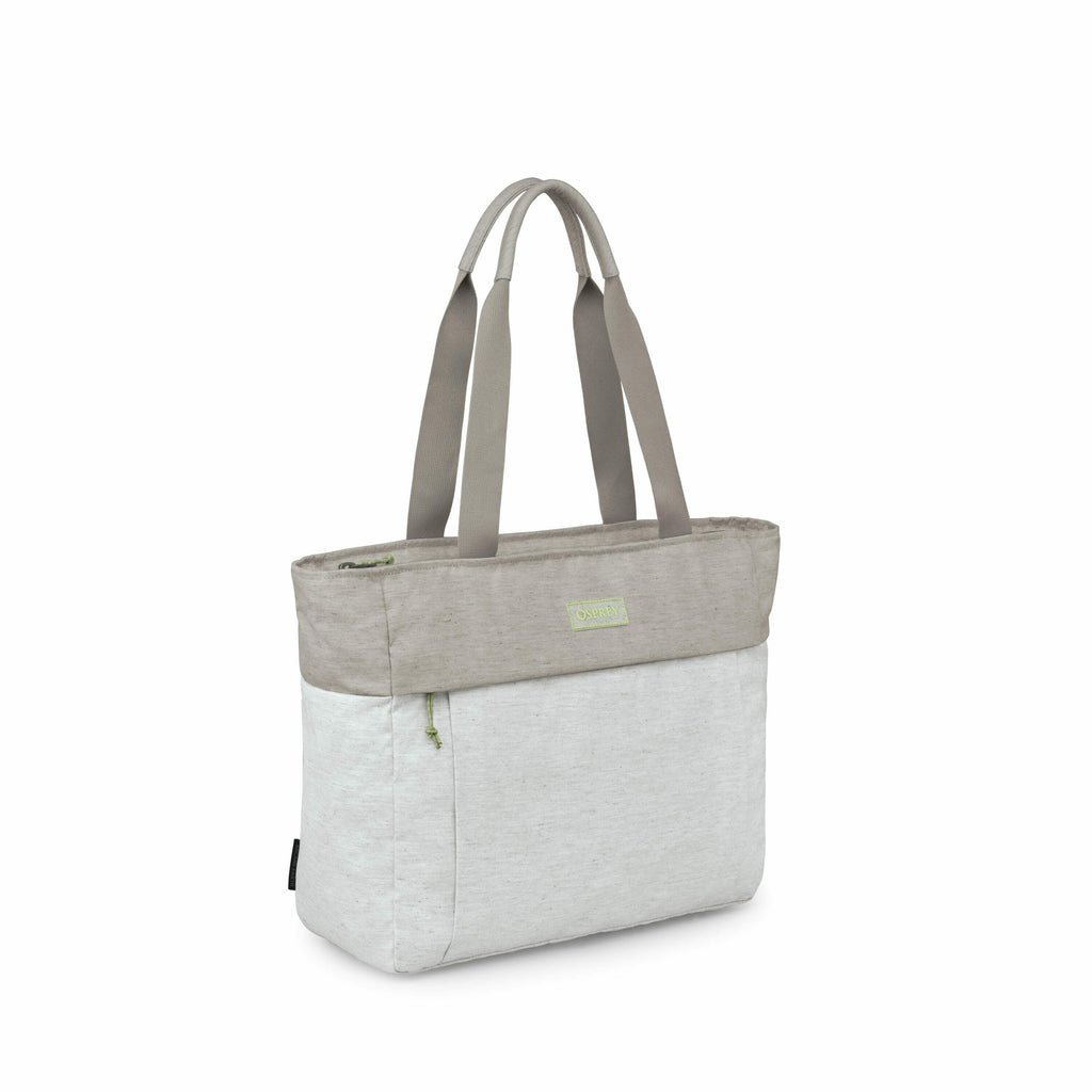 The image displays a tote bag with a simple, two-tone design. The upper portion of the bag is in a light taupe color, while the lower section is a soft gray. The bag features two sturdy handles for carrying and has a green zipper on the top for closure. T
