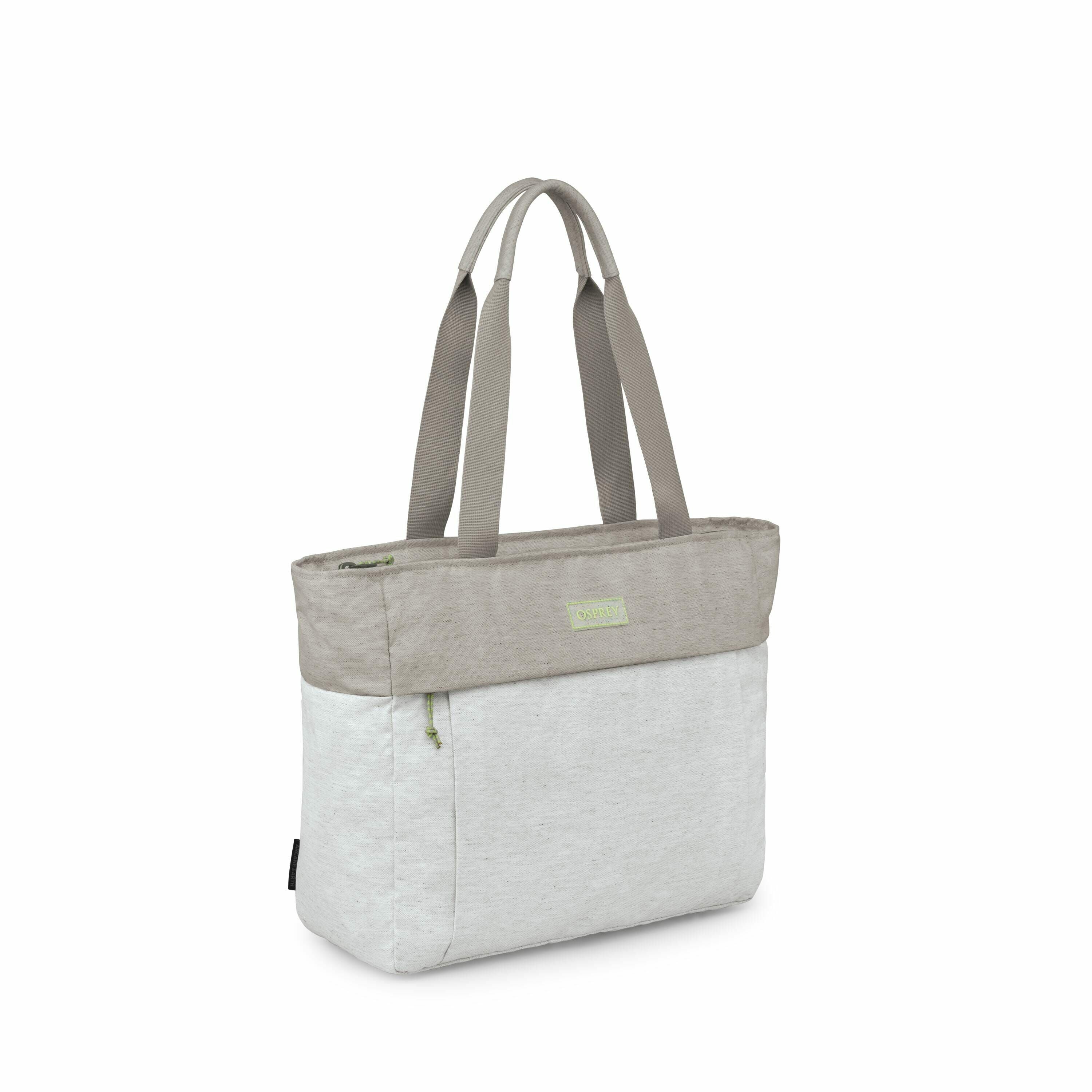 The image displays a tote bag with a simple, two-tone design. The upper portion of the bag is in a light taupe color, while the lower section is a soft gray. The bag features two sturdy handles for carrying and has a green zipper on the top for closure. T
