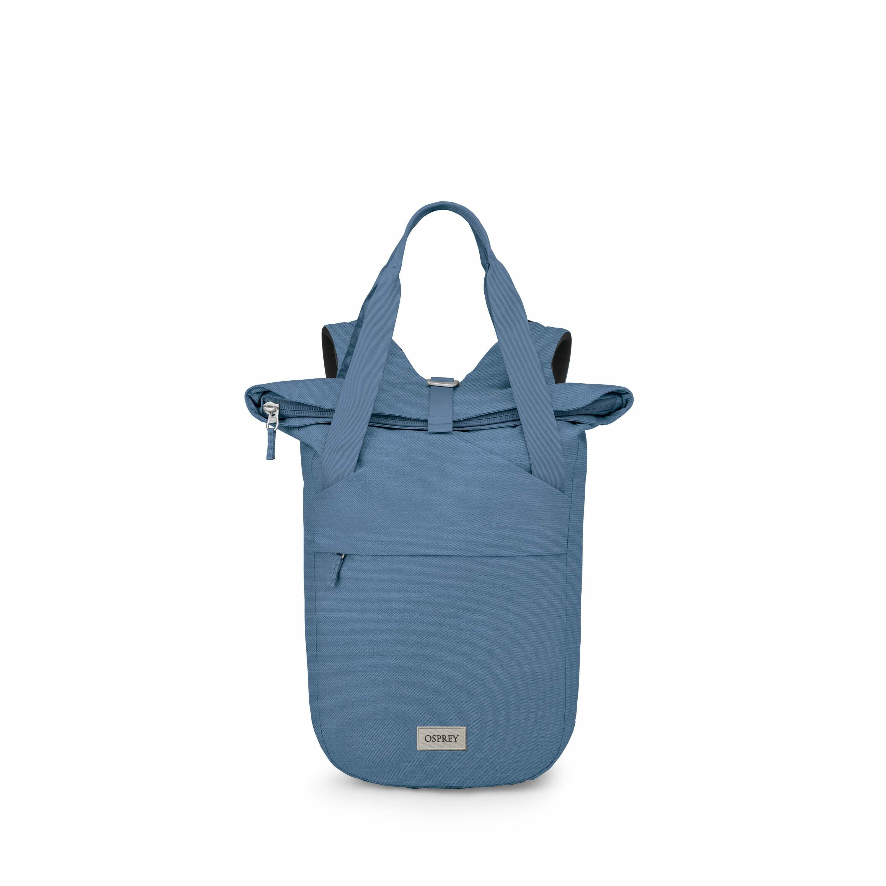 The image shows a blue backpack made by Osprey, designed in a unique roll-top style. It features a large main compartment secured by a zipper and buckle, providing easy access and extra security. The backpack has sturdy carrying handles and a front zipper