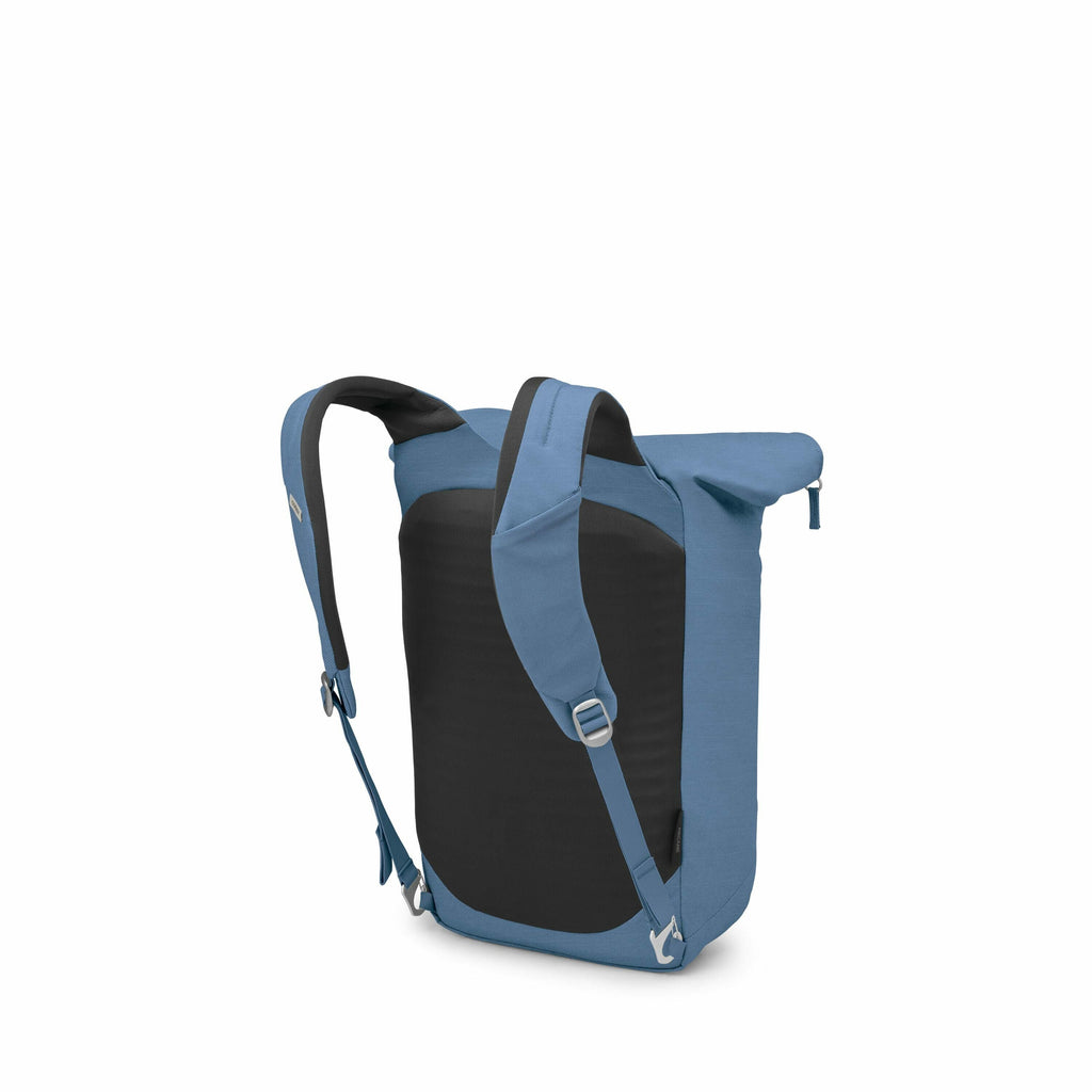 The image features a blue and black backpack with a minimalist design. The main body of the backpack is black, while the straps and exterior sections are blue. It has two adjustable shoulder straps, a padded back panel for comfort, and metal buckles for s