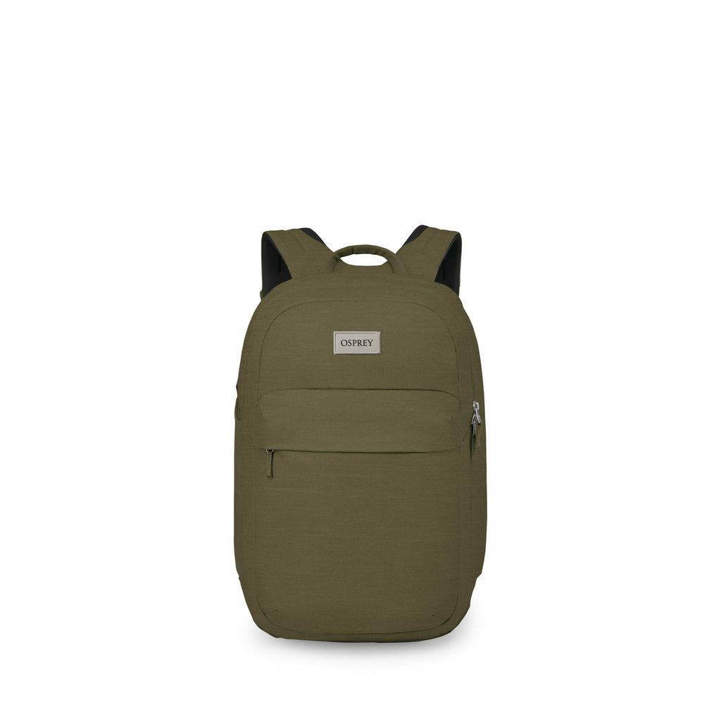 The image features an Osprey backpack with a minimalist design, prominently displayed against a plain white background. The backpack is olive green and has a simple, sleek appearance. On the front of the backpack is an Osprey logo, adding brand recognitio