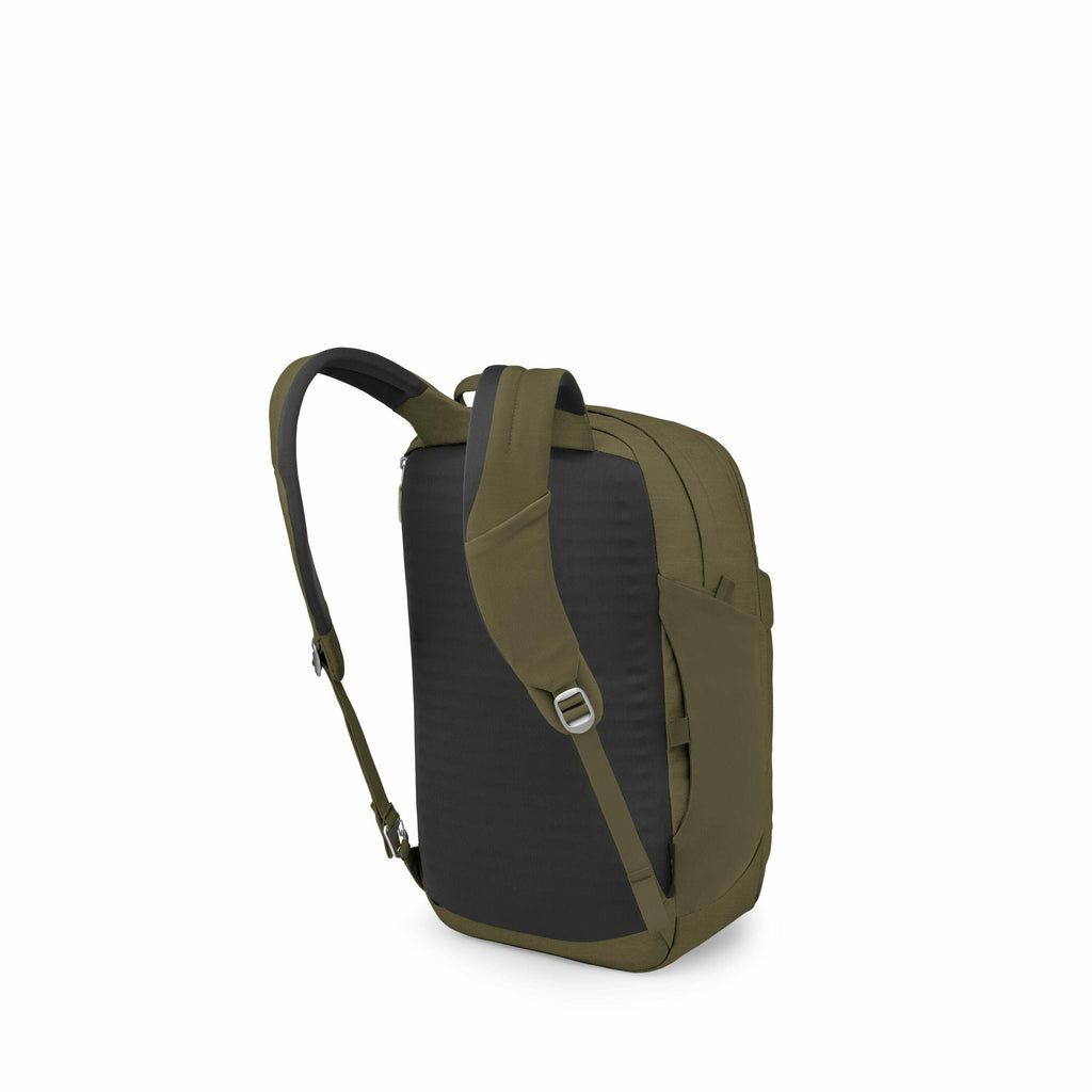 The images showcase a backpack from different angles, primarily focusing on its back and side views. The backpack has a sleek, minimalist design with a combination of olive green and black colors. It features adjustable shoulder straps with metal buckles