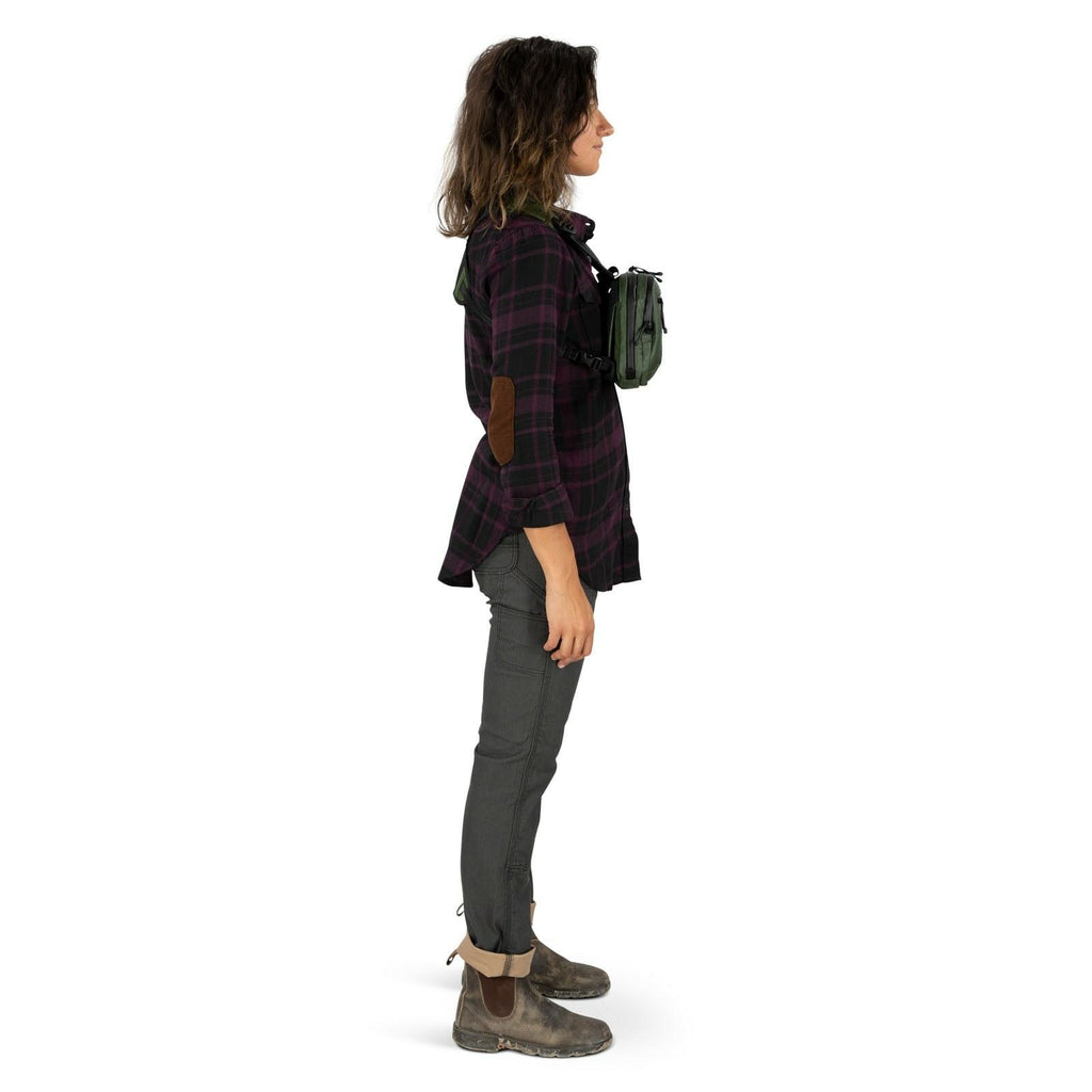 side view of person wearing archeon chest rig in scenic valley