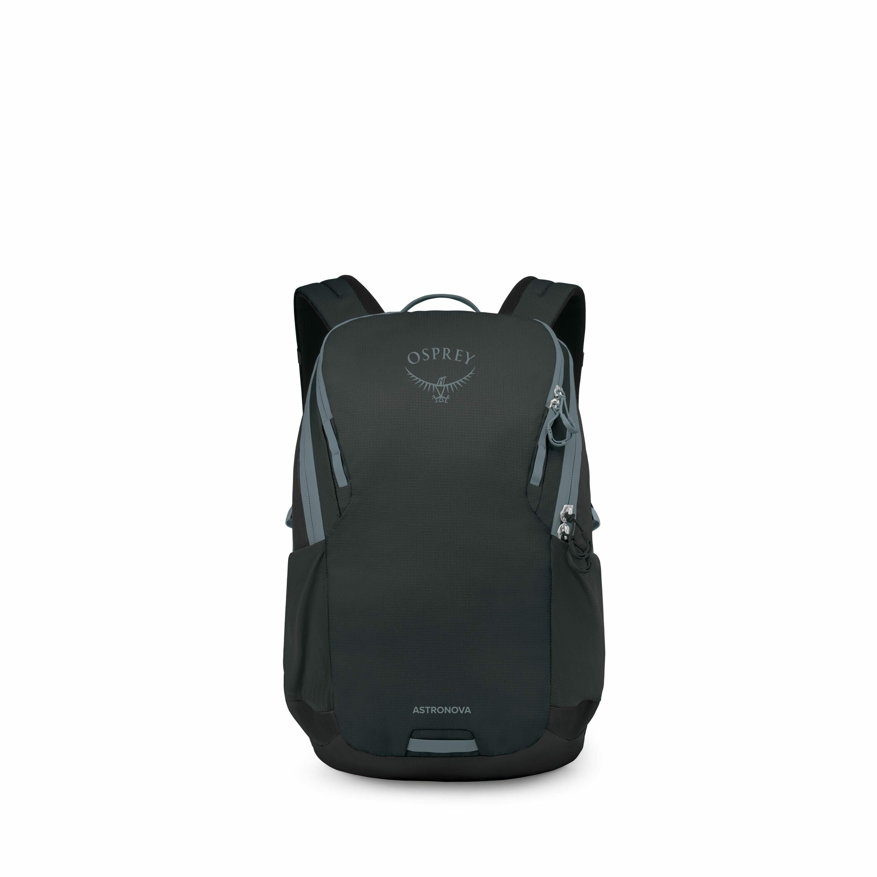 The image features an Osprey backpack known as the Astronova, presented in various views including front, back, side, bottom, and top angles. The backpack is predominantly dark in color, with a sleek and compact design that includes multiple zippered comp