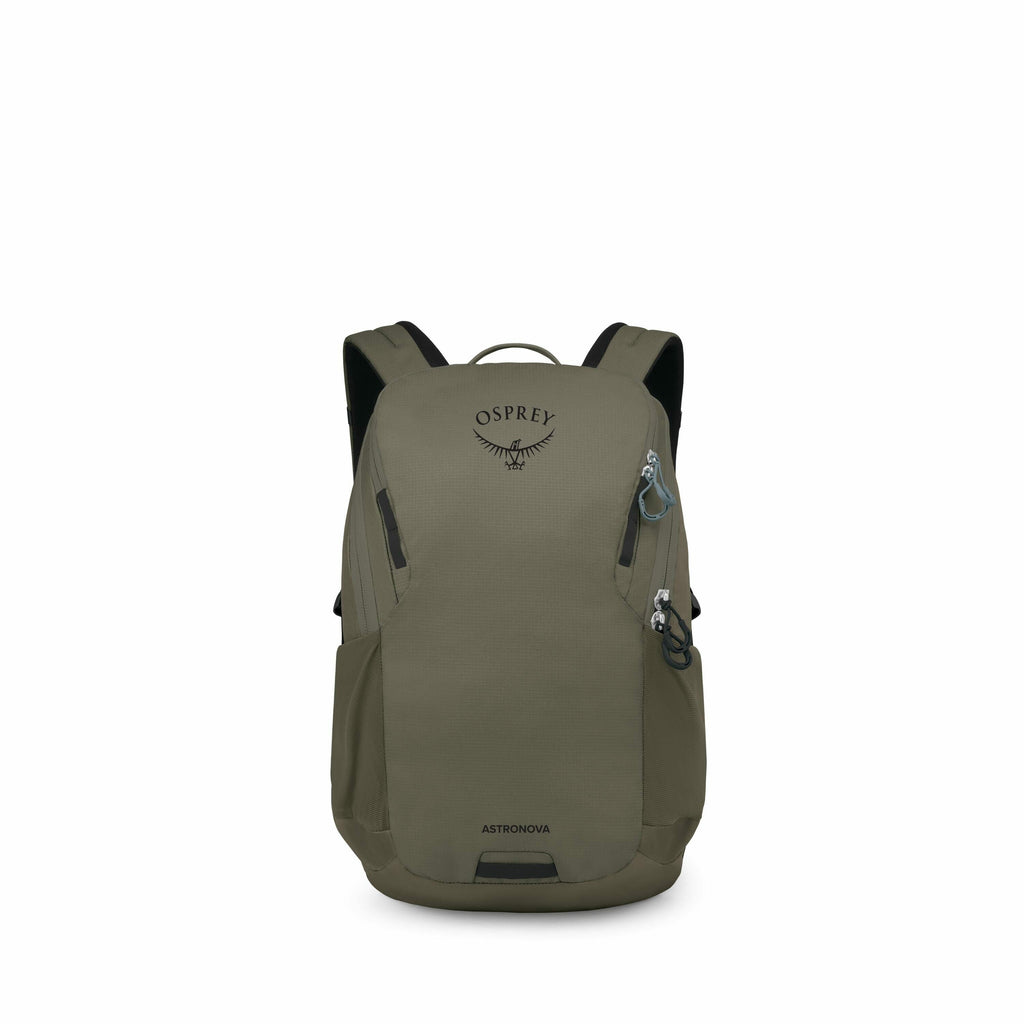 The images showcase a series of Osprey backpacks in varying shades of green and brown. The backpacks are labeled with the brand "Osprey" and the model name "Astronova" prominently displayed on the front. Each backpack features a sleek, streamlined design