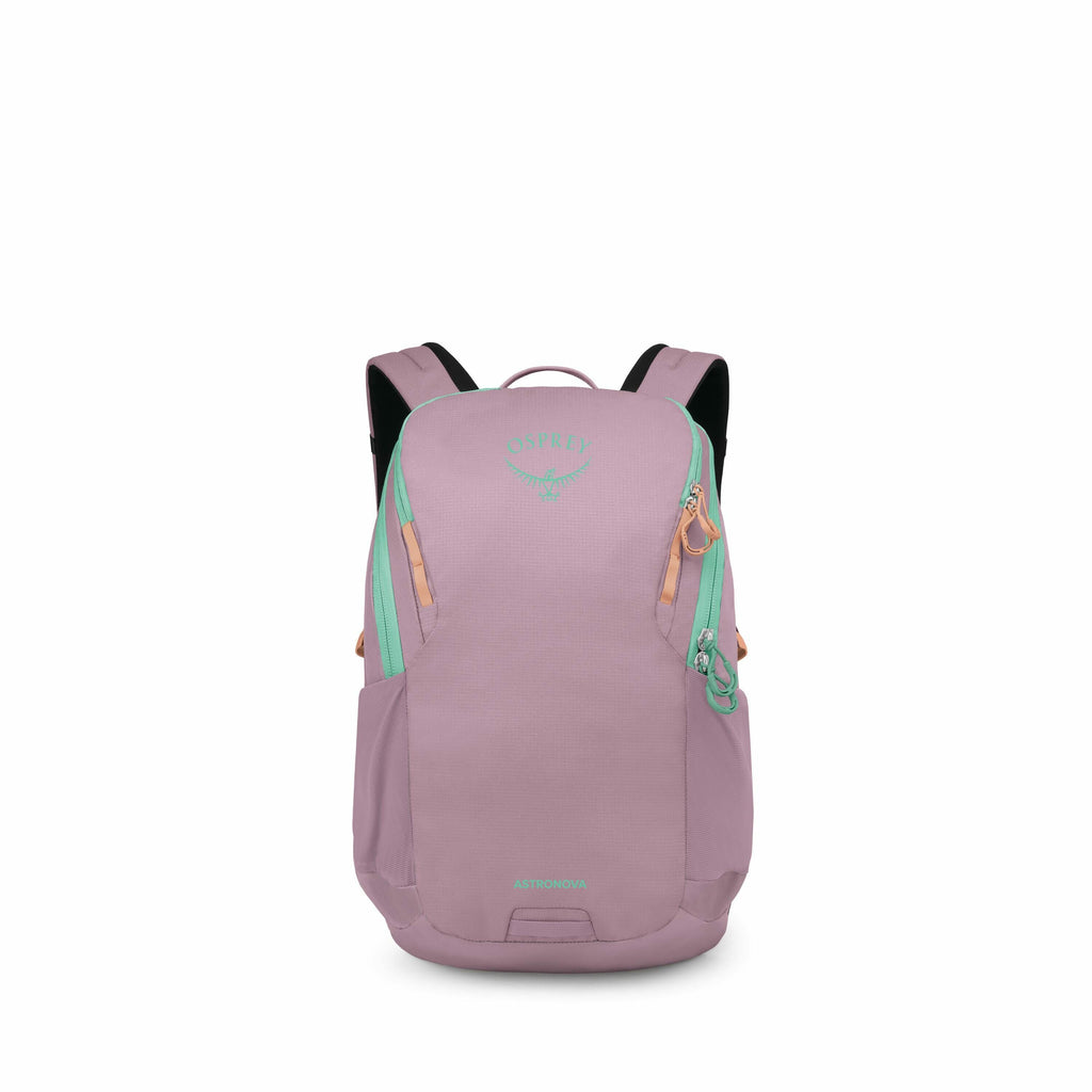 The image features an Osprey backpack in a soft pastel purple color. The backpack has a sleek design with turquoise accents, including the Osprey logo and zippers. It includes features such as padded shoulder straps, side pockets, and a top handle for car