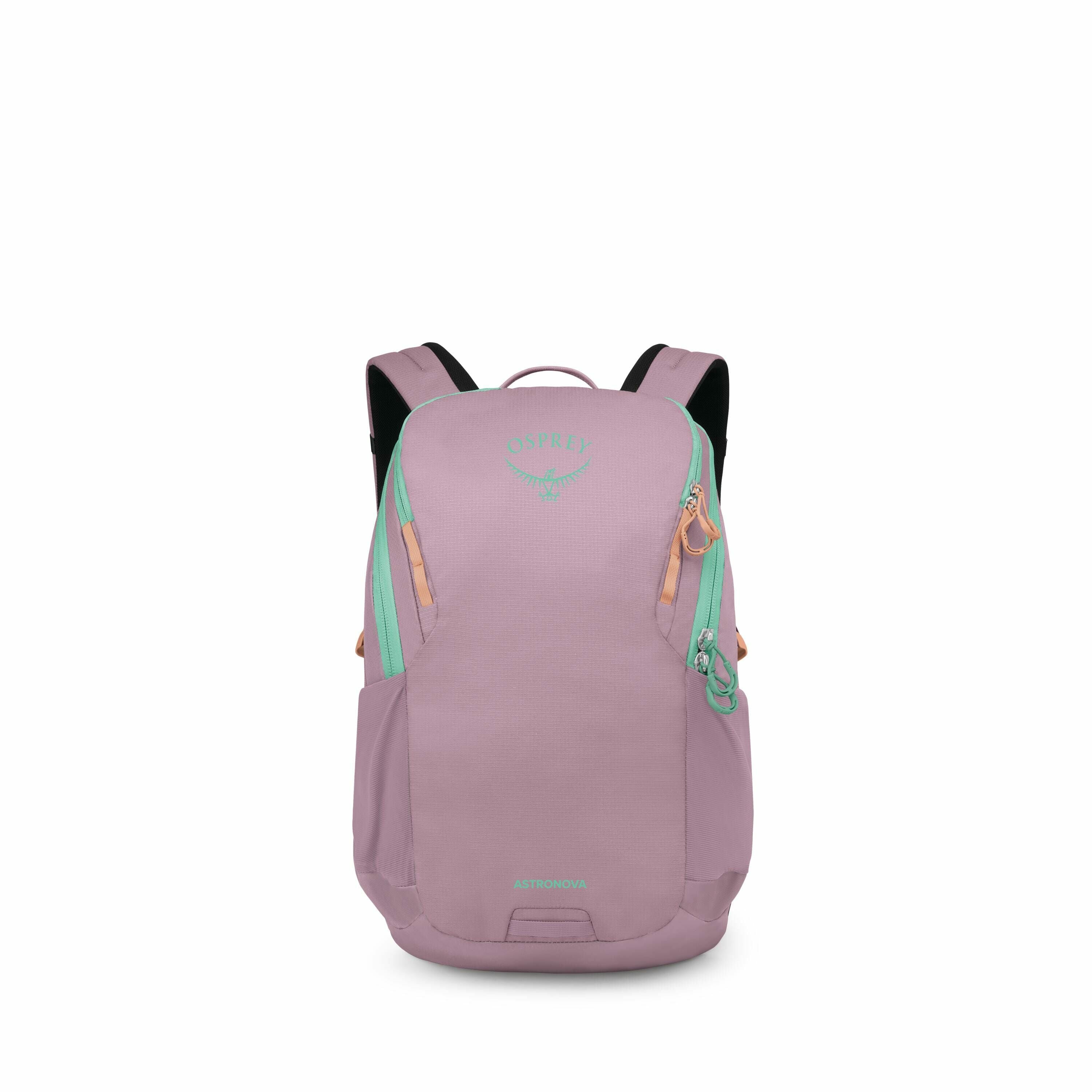 The image features an Osprey backpack in a soft pastel purple color. The backpack has a sleek design with turquoise accents, including the Osprey logo and zippers. It includes features such as padded shoulder straps, side pockets, and a top handle for car