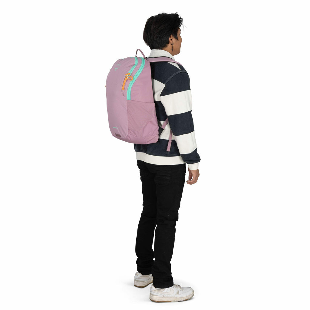 The image features a person standing and facing away from the camera, showcasing a vibrant backpack. The backpack is predominantly pink with contrasting aqua zippers and an orange zipper pull. The person is wearing a striped pullover in dark and light col