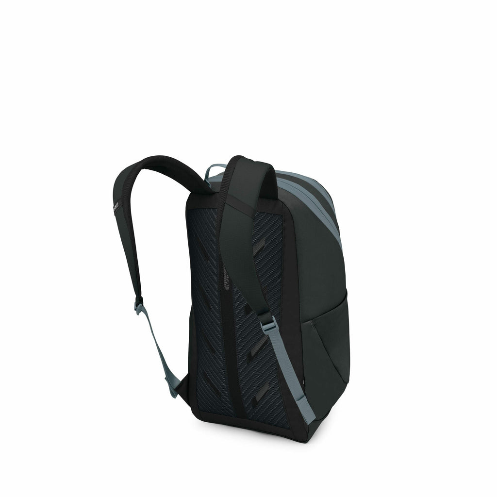 The image depicts a backpack shown from a rear-side angle. It features a sleek design with a predominantly black color accented by grayish-blue straps and zippers. The back of the backpack appears to have a textured design, possibly for ventilation or com