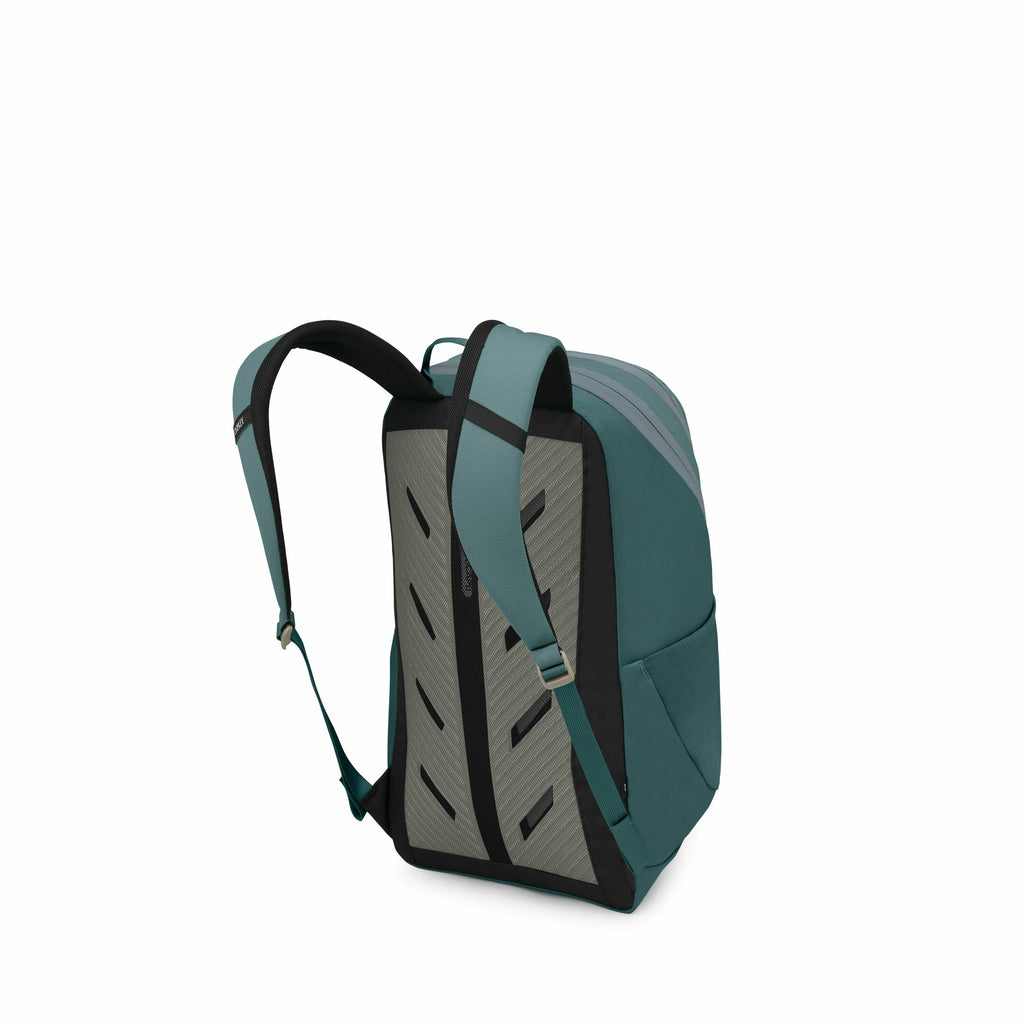 The image showcases a teal backpack with a modern, minimalist design. It features a lightly padded back panel with diagonal stripes for added comfort and ventilation. The shoulder straps are adjustable and have a teal and black color scheme, matching the
