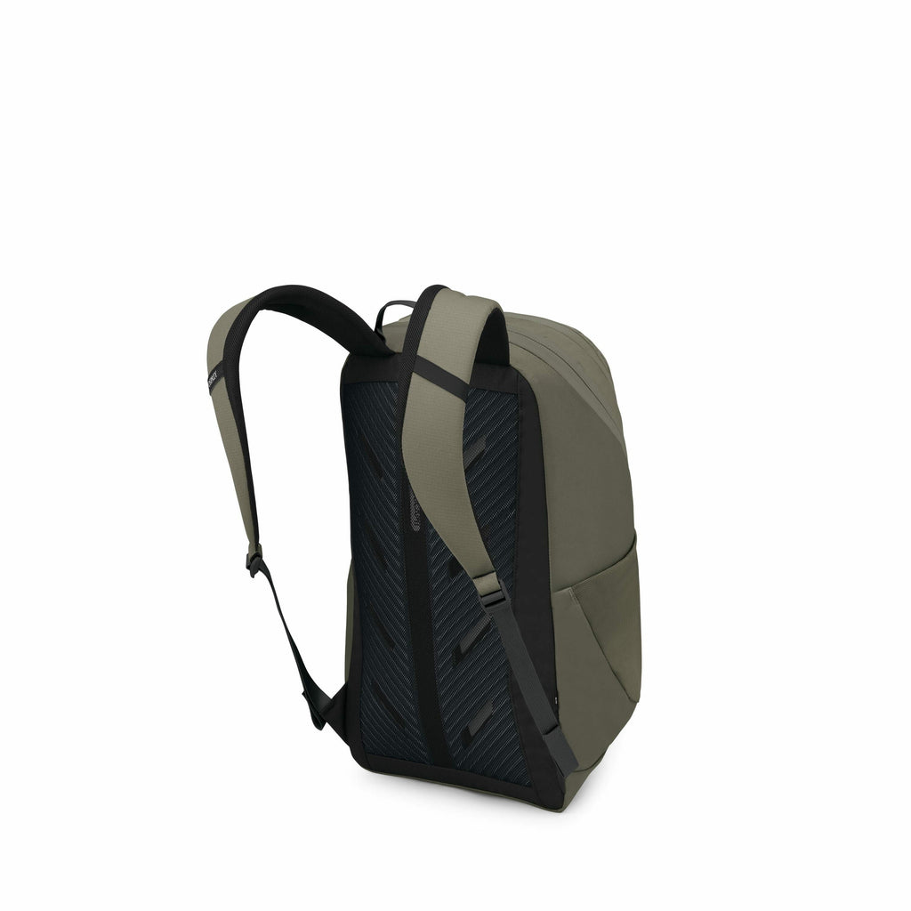 The image features a backpack designed with a modern aesthetic, combining practical functionality with style. The backpack has a smooth outer surface in a muted, earthy green color with a contrasting black back panel designed for comfort and support. It i