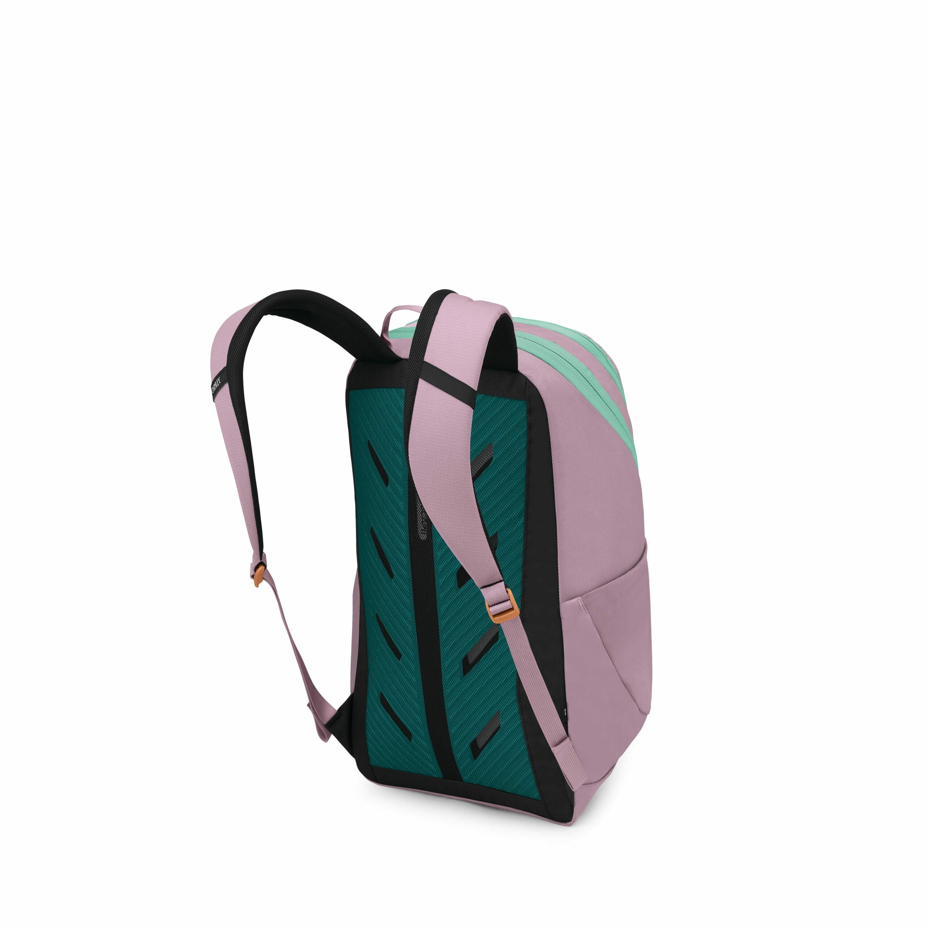 The image depicts a backpack with a modern design, featuring a combination of purple and green colors. The main body of the backpack is purple, while the zipper accents are in a contrasting bright green. The back panel has a distinct dark green and black