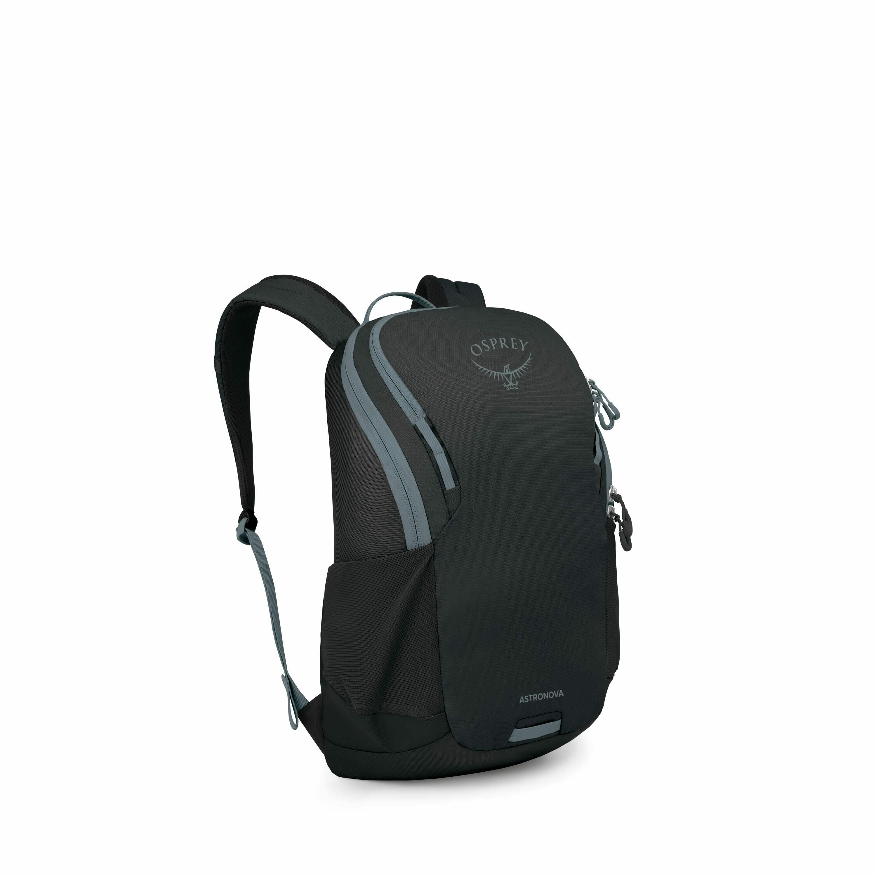 The image features a sleek and modern backpack designed by Osprey. The backpack is primarily black with accents of dark teal on the zippers and straps, giving it a contemporary look. It has a streamlined silhouette with two main compartments, one larger a