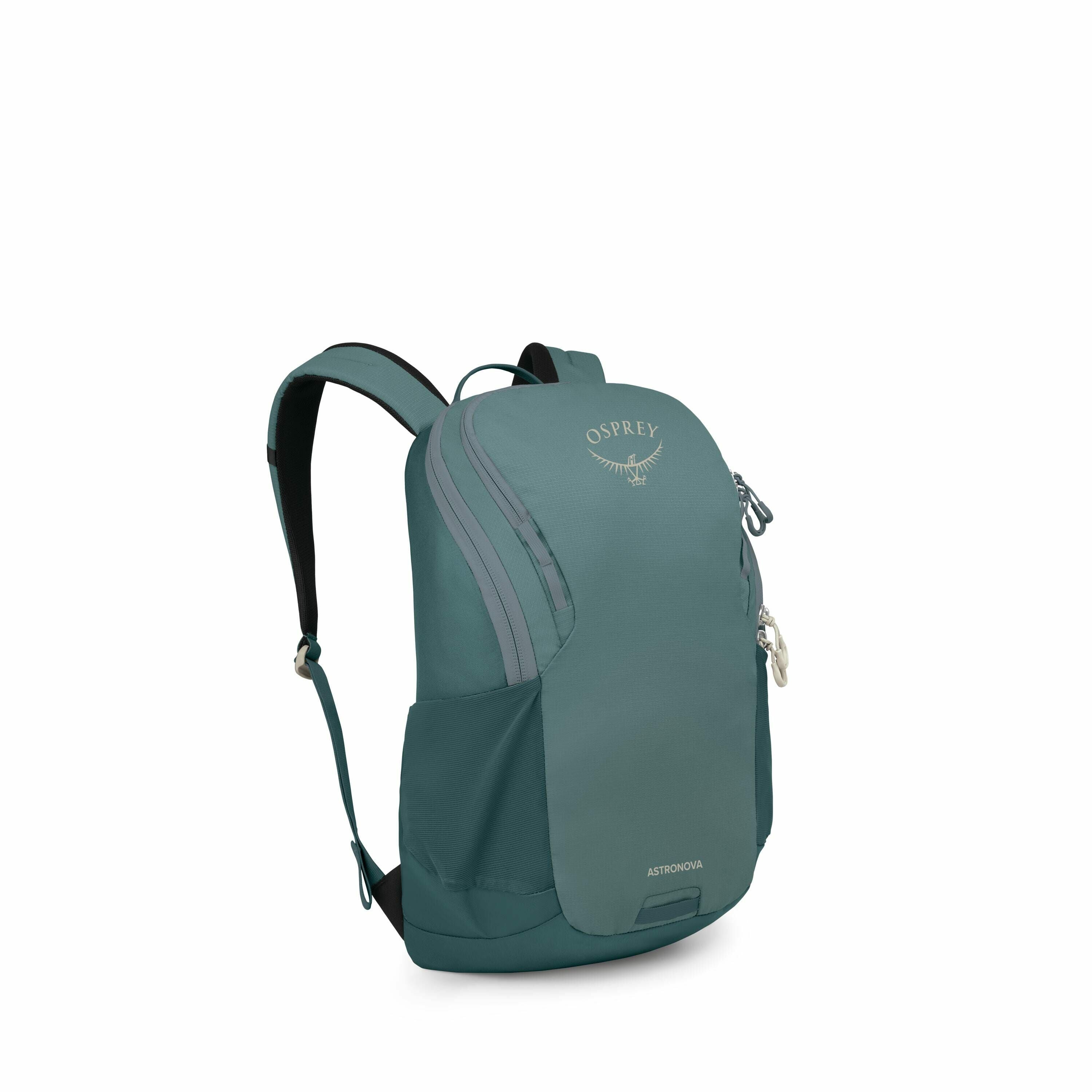 The image displays a teal Osprey backpack, specifically labeled as "ASTRONOVA." The backpack features a sleek and modern design with a curved top and an Osprey logo prominently displayed. It includes two zippered compartments and side mesh pockets for add