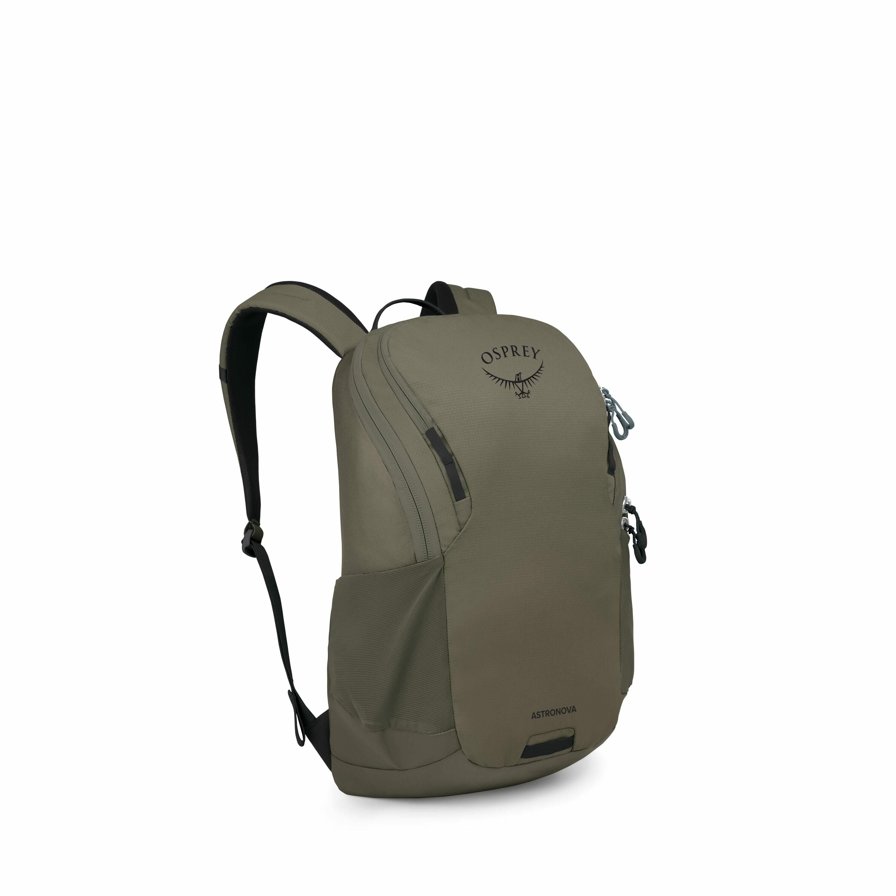 The image features an Osprey backpack in a green color, showcasing a simple and sleek design. The backpack is photographed from an angled side view, allowing a clear view of its main compartment, front pocket, and adjustable straps. The Osprey logo is pro